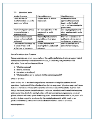 pg. 4
(iii) Combined sector
Market Economy Planned Economy Mixed Economy
There is a market
mechanism that connects
buyers and sellers.
There is a lack of market
mechanism
Market mechanism
operates that connects
buyers and sellers but
checks and balances by the
government.
The main objective of this
economy is to earn
maximum profit.
The main objective of this
economy is to social
welfare.
One way to get profit and
other way to provide social
welfare.
Means of resources are
owned and controlled by
individual.
Means of production are
owned by govt. or govt.
agency.
There are co-existence of
public and private sectors
on allocation of resources.
Consumer are sovereign by
in sense of taste and
preference of consumer.
There is no consumer
sovereignty in this type of
economy.
There is some extent of
consumer sovereignty.
Central problems of an Economy
Resources are scarce, every economy faces the problems of choice. It is the problem related
to the allocation of resources to alternative uses, is called the prob;ems of resource
allocation. There are four basic problems:
What to produce?
Every society has to decide which goods and services are to be produced and in what
quantities. Food or cloth? Much food and less cloth or vice versa? Wheat or sugarcane? More
butter or more tanks? In case of more tanks, some resources will have to be diverted from
butter, but the economy cannot have more tanks and more butters with available resources
at the same time. Similarly, society has to decide between consumer goods and producer
goods, between necessary goods and luxury goods. Since resources are limited, all goods and
services desired cannot be produced. So the society has to decide which goods to be
produced and the quantities in which selected commodities are to be produced.
How to produce?
 