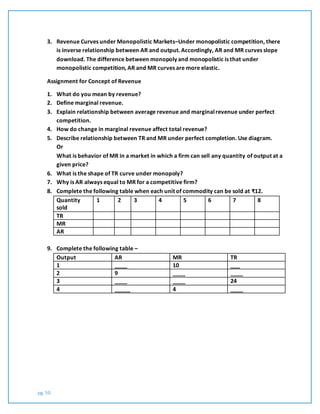 pg. 50
3. Revenue Curves under Monopolistic Markets–Under monopolistic competition, there
is inverse relationship between AR and output. Accordingly, AR and MR curves slope
download. The difference between monopoly and monopolistic is that under
monopolistic competition, AR and MR curves are more elastic.
Assignment for Concept of Revenue
1. What do you mean by revenue?
2. Define marginal revenue.
3. Explain relationship between average revenue and marginalrevenue under perfect
competition.
4. How do change in marginal revenue affect total revenue?
5. Describe relationship between TR and MR under perfect completion. Use diagram.
Or
What is behavior of MR in a market in which a firm can sell any quantity of output at a
given price?
6. What is the shape of TR curve under monopoly?
7. Why is AR always equal to MR for a competitive firm?
8. Complete the following table when each unit of commodity can be sold at ₹12.
Quantity
sold
1 2 3 4 5 6 7 8
TR
MR
AR
9. Complete the following table –
Output AR MR TR
1 ____ 10 ___
2 9 ____ ____
3 ____ ____ 24
4 _____ 4 ____
 