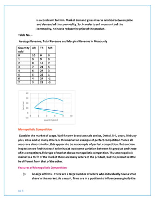pg. 61
is a constraint for him. Market demand gives inverse relation between price
and demand of the commodity. So, in orderto sell more units of the
commodity, he has to reduce the price of the product.
Table No. –
Average Revenue, Total Revenue and Marginal Revenue in Monopoly
Quantity
sold
AR TR MR
0 10 0 0
1 9 9 9
2 8 16 7
3 7 21 5
4 6 24 3
5 5 25 1
6 4 24 -1
7 3 21 -3
Monopolistic Competition
Consider the market of soaps. Well-known brands on sale are lux, Dettol, liril, pears, lifebuoy
plus, dove and so many others. Is this market an example of perfect competition? Since all
soaps are almost similar, this appears to be an example of perfect competition. But on close
inspection we find that each seller has at least some variation between his product and those
of its competitors.This type of market shows monopolisticcompetition. Thus monopolistic
market is a form of the market there are many sellers of the product, but the product is little
be different from that of the other.
Features of Monopolistic Competition
(i) A Large of firms - There are a large number of sellers who individually have a small
share in the market. As a result, firms are in a position to influence marginally the
-10
0
10
20
30
40
0 2 4 6 8 10
revenue
quantity sold
 