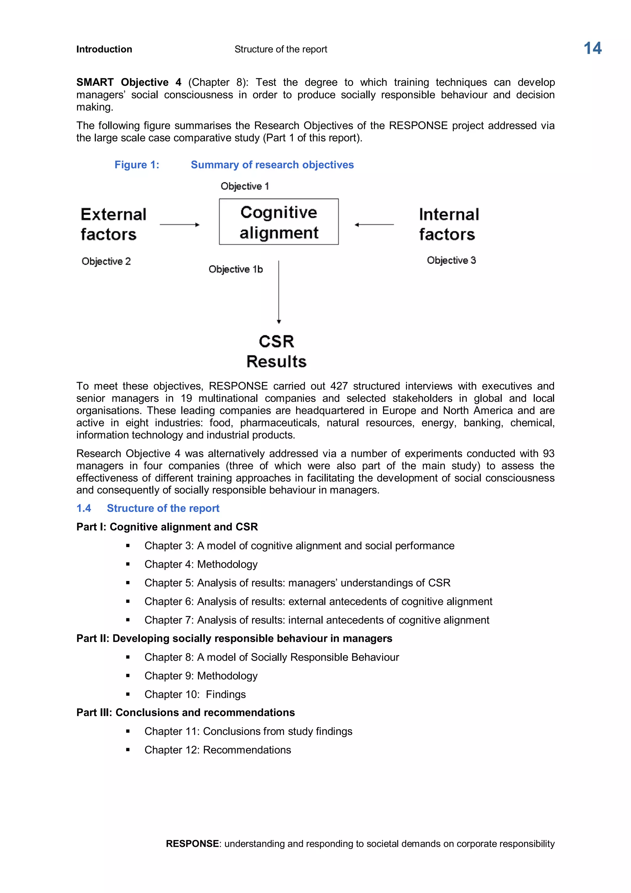Introduction  Structure of the report 
RESPONSE: understanding and responding to societal demands on corporate responsibility 
14 
SMART  Objective  4  (Chapter  8):  Test  the  degree  to  which  training  techniques  can  develop 
managers’  social  consciousness  in  order  to  produce  socially  responsible  behaviour  and  decision 
making. 
The following figure summarises the Research Objectives of the RESPONSE project addressed via 
the large scale case comparative study (Part 1 of this report). 
Figure 1:  Summary of research objectives 
To  meet  these  objectives,  RESPONSE  carried  out  427  structured  interviews  with  executives  and 
senior  managers  in  19  multinational  companies  and  selected  stakeholders  in  global  and  local 
organisations.  These  leading  companies  are  headquartered  in  Europe  and  North  America  and  are 
active  in  eight  industries:  food,  pharmaceuticals,  natural  resources,  energy,  banking,  chemical, 
information technology and industrial products. 
Research Objective 4 was alternatively addressed via a number of experiments conducted with 93 
managers  in  four  companies  (three  of  which  were  also  part  of  the  main  study)  to  assess  the 
effectiveness of different training approaches in facilitating the development of social consciousness 
and consequently of socially responsible behaviour in managers. 
1.4  Structure of the report 
Part I: Cognitive alignment and CSR 
§  Chapter 3: A model of cognitive alignment and social performance 
§  Chapter 4: Methodology 
§  Chapter 5: Analysis of results: managers’ understandings of CSR 
§  Chapter 6: Analysis of results: external antecedents of cognitive alignment 
§  Chapter 7: Analysis of results: internal antecedents of cognitive alignment 
Part II: Developing socially responsible behaviour in managers 
§  Chapter 8: A model of Socially Responsible Behaviour 
§  Chapter 9: Methodology 
§  Chapter 10:  Findings 
Part III: Conclusions and recommendations 
§  Chapter 11: Conclusions from study findings 
§  Chapter 12: Recommendations
 