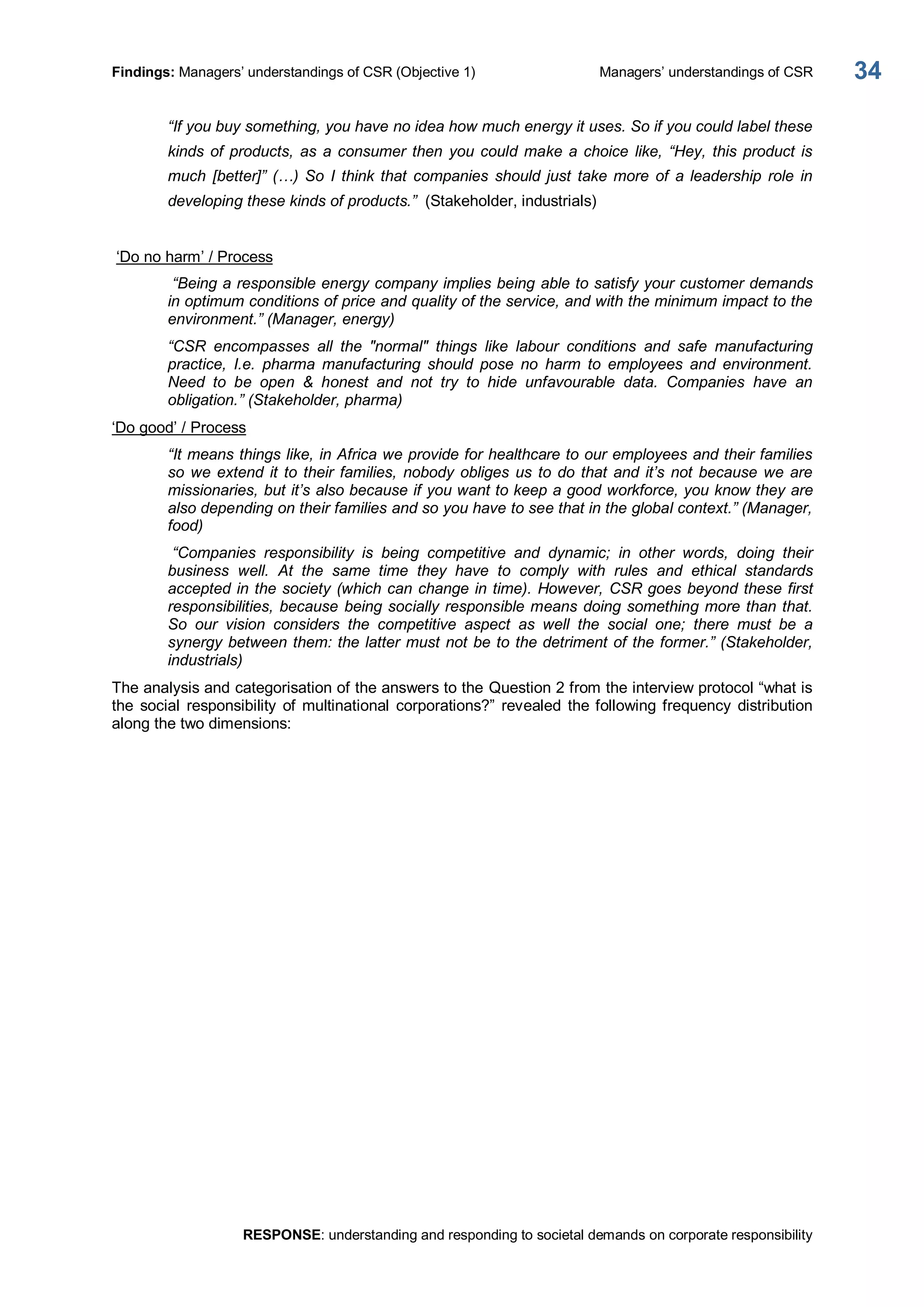 Findings: Managers’ understandings of CSR (Objective 1)  Managers’ understandings of CSR 
RESPONSE: understanding and responding to societal demands on corporate responsibility 
34 
“If you buy something, you have no idea how much energy it uses. So if you could label these 
kinds of products, as a consumer then you could make a choice  like, “Hey, this product is 
much  [better]”  (…) So  I  think that  companies  should just  take more  of  a  leadership  role  in 
developing these kinds of products.”  (Stakeholder, industrials) 
‘Do no harm’ / Process 
“Being a responsible energy company implies being able to satisfy your customer demands 
in optimum conditions of price and quality of the service, and with the minimum impact to the 
environment.” (Manager, energy) 
“CSR  encompasses  all  the  "normal"  things  like  labour  conditions  and  safe  manufacturing 
practice,  I.e.  pharma  manufacturing  should  pose  no  harm  to  employees  and  environment. 
Need  to  be  open  &  honest  and  not  try  to  hide  unfavourable  data.  Companies  have  an 
obligation.” (Stakeholder, pharma) 
‘Do good’ / Process 
“It means things like, in Africa we provide for healthcare to our employees and their families 
so we extend it to their families, nobody obliges us to do that and it’s not because we are 
missionaries, but it’s also because if you want to keep a good workforce, you know they are 
also depending on their families and so you have to see that in the global context.” (Manager, 
food) 
“Companies  responsibility  is  being  competitive  and  dynamic;  in  other  words,  doing  their 
business  well.  At  the  same  time  they  have  to  comply  with  rules  and  ethical  standards 
accepted in the society (which can change in time). However, CSR goes beyond these first 
responsibilities, because being socially responsible means doing something more than that. 
So  our  vision  considers  the  competitive  aspect  as  well  the  social  one;  there  must  be  a 
synergy between them: the latter must not be to the detriment of the former.” (Stakeholder, 
industrials) 
The analysis and categorisation of the answers to the Question 2 from the interview protocol “what is 
the  social  responsibility  of multinational  corporations?”  revealed  the following frequency  distribution 
along the two dimensions:
 