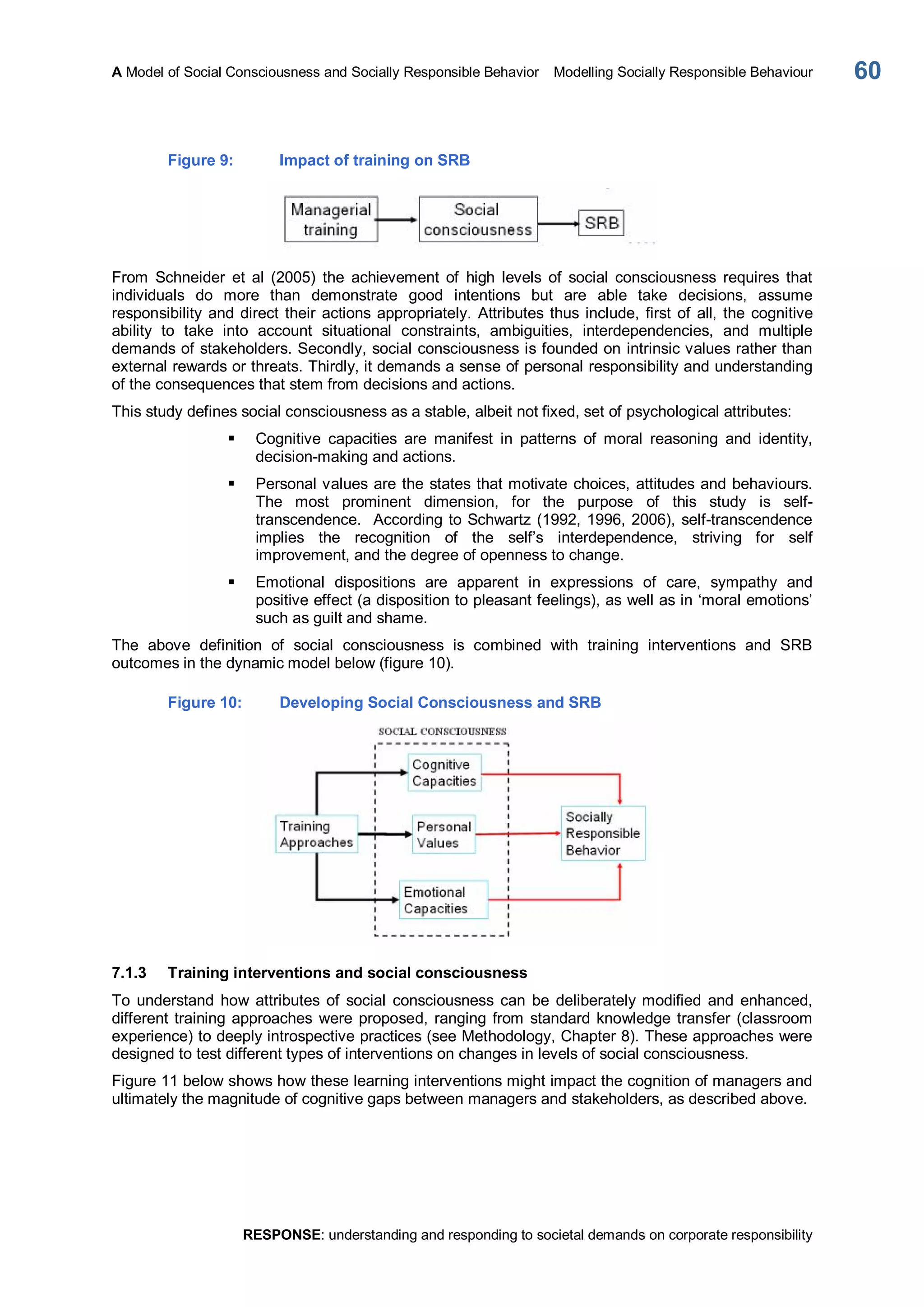 A Model of Social Consciousness and Socially Responsible Behavior  Modelling Socially Responsible Behaviour 
RESPONSE: understanding and responding to societal demands on corporate responsibility 
60 
Figure 9:  Impact of training on SRB 
From  Schneider  et  al  (2005)  the  achievement  of  high  levels  of  social  consciousness  requires  that 
individuals  do  more  than  demonstrate  good  intentions  but  are  able  take  decisions,  assume 
responsibility and direct their actions appropriately. Attributes thus include, first of all, the cognitive 
ability  to  take  into  account  situational  constraints,  ambiguities,  interdependencies,  and  multiple 
demands of stakeholders. Secondly, social consciousness is founded on intrinsic values rather than 
external rewards or threats. Thirdly, it demands a sense of personal responsibility and understanding 
of the consequences that stem from decisions and actions. 
This study defines social consciousness as a stable, albeit not fixed, set of psychological attributes: 
§  Cognitive  capacities  are  manifest  in  patterns  of  moral  reasoning  and  identity, 
decision­making and actions. 
§  Personal values are the states that motivate choices, attitudes and behaviours. 
The  most  prominent  dimension,  for  the  purpose  of  this  study  is  self­ 
transcendence.  According to Schwartz (1992, 1996, 2006), self­transcendence 
implies  the  recognition  of  the  self’s  interdependence,  striving  for  self 
improvement, and the degree of openness to change. 
§  Emotional  dispositions  are  apparent  in  expressions  of  care,  sympathy  and 
positive effect (a disposition to pleasant feelings), as well as in ‘moral emotions’ 
such as guilt and shame. 
The  above  definition  of  social  consciousness  is  combined  with  training  interventions  and  SRB 
outcomes in the dynamic model below (figure 10). 
Figure 10:  Developing Social Consciousness and SRB 
7.1.3  Training interventions and social consciousness 
To  understand  how  attributes  of  social  consciousness  can  be  deliberately modified  and  enhanced, 
different training approaches  were proposed, ranging from standard knowledge transfer (classroom 
experience) to deeply introspective practices (see Methodology, Chapter 8). These approaches were 
designed to test different types of interventions on changes in levels of social consciousness. 
Figure 11 below shows how these learning interventions might impact the cognition of managers and 
ultimately the magnitude of cognitive gaps between managers and stakeholders, as described above.
 