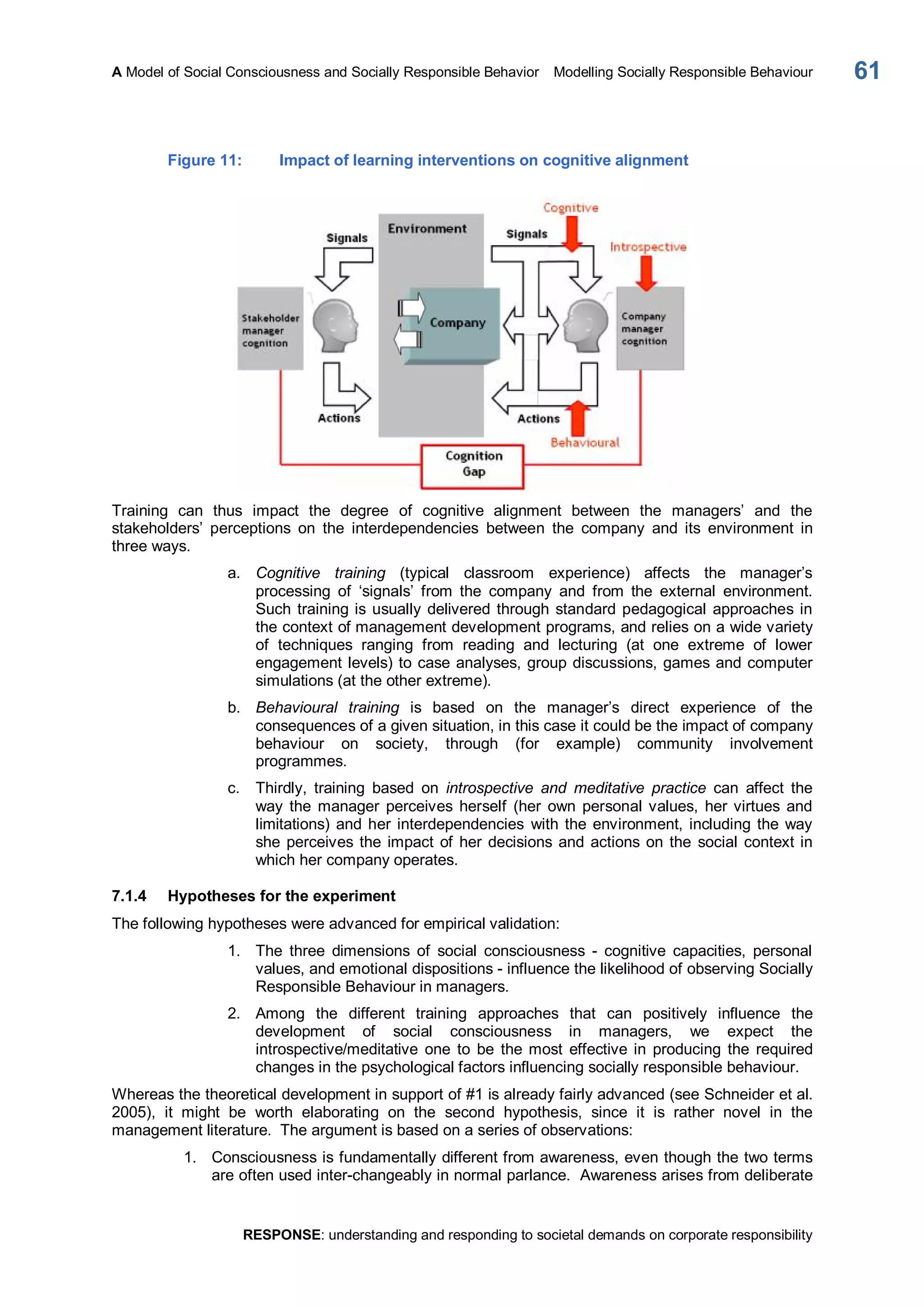 A Model of Social Consciousness and Socially Responsible Behavior  Modelling Socially Responsible Behaviour 
RESPONSE: understanding and responding to societal demands on corporate responsibility 
61 
Figure 11:  Impact of learning interventions on cognitive alignment 
Training  can  thus  impact  the  degree  of  cognitive  alignment  between  the  managers’  and  the 
stakeholders’  perceptions  on  the  interdependencies  between  the  company  and  its  environment  in 
three ways. 
a.  Cognitive  training  (typical  classroom  experience)  affects  the  manager’s 
processing  of  ‘signals’  from  the  company  and  from  the  external  environment. 
Such training is usually delivered through standard pedagogical approaches in 
the context of management development programs, and relies on a wide variety 
of  techniques  ranging  from  reading  and  lecturing  (at  one  extreme  of  lower 
engagement levels) to case analyses, group discussions, games and computer 
simulations (at the other extreme). 
b.  Behavioural  training  is  based  on  the  manager’s  direct  experience  of  the 
consequences of a given situation, in this case it could be the impact of company 
behaviour  on  society,  through  (for  example)  community  involvement 
programmes. 
c.  Thirdly,  training  based  on  introspective  and  meditative  practice  can  affect  the 
way  the  manager  perceives  herself  (her  own  personal values,  her virtues  and 
limitations) and her interdependencies  with the environment, including the way 
she perceives the impact of her decisions and actions on the  social context in 
which her company operates. 
7.1.4  Hypotheses for the experiment 
The following hypotheses were advanced for empirical validation: 
1.  The  three  dimensions  of  social  consciousness  ­  cognitive  capacities,  personal 
values, and emotional dispositions ­ influence the likelihood of observing Socially 
Responsible Behaviour in managers. 
2.  Among  the  different  training  approaches  that  can  positively  influence  the 
development  of  social  consciousness  in  managers,  we  expect  the 
introspective/meditative  one  to  be  the most  effective in  producing  the  required 
changes in the psychological factors influencing socially responsible behaviour. 
Whereas the theoretical development in support of #1 is already fairly advanced (see Schneider et al. 
2005),  it  might  be  worth  elaborating  on  the  second  hypothesis,  since  it  is  rather  novel  in  the 
management literature.  The argument is based on a series of observations: 
1.  Consciousness is fundamentally different from awareness, even though the two terms 
are often used inter­changeably in normal parlance.  Awareness arises from deliberate
 