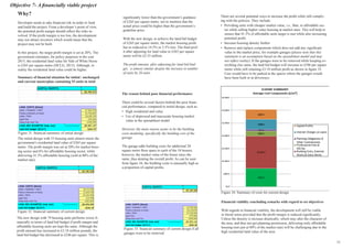 Why?
Developer needs to take financial risk in-order to fund
and build the project. From a developer’s point of view,
the potential profit margin should reflect the risks in-
volved. If the profit margin is too low, the development
may not attract investors which would mean that the
project may not be built.
In this project, the target profit margin is set at 20%. The
government estimates, for policy purposes in the year
2015, the residential land value for Vale of White Horse
is £265 per square metre (DCLG, 2015). Although, in
reality the residential land value could be higher.
Summary of financial situation for initial / unchanged
and current masterplan containing 53 units in total
The initial design with 53 housing units almost meets the
government’s residential land value of £265 per square
metre. The profit margin was set at 20% for market hous-
ing sector and 6% for affordable housing sector, while
delivering 41.5% affordable housing (sold at 80% of the
market rate).
Financial viability concluding remarks with regard to set objectives
With regards to financial viability, the development will still be viable
in literal sense provided that the profit margin is reduced significantly.
Unless the density is increase drastically, which may alter the character of
the area, and thus not get planning permission, delivering truly affordable
housing (not just at 80% of the market rate) will be challenging due to the
high residential land value of the area.
The reason behind poor financial performance
There could be several factors behind the poor finan-
cial performance, compared to initial design, such as:
•	 High residential and value
•	 Use of depressed and inaccurate housing market
value in the spreadsheet model
However, the main reason seems to be the building
costs modeling, specifically the building cost of the
garage.
The garage adds building costs for additional 20
square metre floor space to each of the 54 houses;
however, the market value of the house stays the
same, thus denting the overall profit. As can be seen
from figure 34, the building costs is unusually high as
a proportion of capital profits.
There are several potential ways to increase the profit while still comply-
ing with the policies. They include:
•	 Providing units with cheaper market value, i.e., flats, to affordable sec-
tor while selling higher value housing at market rates. This will help to
ensure that 41.5% of affordable units target is met while also increasing
potential profit.
•	 Increase housing density further
•	 Remove and replace components which does not add any significant
value to the market price, for example garages (please note that this
statement is an assumption based on the spreadsheet model and may
not reflect reality). If the garages were to be removed while keeping ev-
erything else same, the land bid budget will increase to £296 per square
metre while still retaining £3.18 million profit as shown in figure 33.
Cars would have to be parked at the spaces where the garages would
have been built or at driveways.
The new design with 79 housing units performs worse fi-
nancially in terms of land bid budget if profit margin and
affordable housing units are kept the same. Although the
profit amount has increased to £3.18 million pounds, the
land bid budget has decreased to £246 per square. This is
significantly lower than the government’s guidance
of £265 per square metre; not to mention that the
actual price could be higher than the government’s
guideline price.
With the new design, to achieve the land bid budget
of £265 per square metre, the market housing profit
has to reduced to 14.5% or 5.5% less. The final prof-
it after adjusting for land value to £265 per square
metre will be £2.53 million.
The profit amount, after adjusting for land bid bud-
get, is almost similar despite the increase in number
of units by 26 units.
Objective 7- A financially viable project
Figure 31: financial summary of initial design
Figure 32: financial summary of current design
Figure 33: financial summary of current design if all
garages were to be removed
Figure 34: Summary of costs for current design
13
 