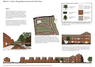 Objective 3- A place with appealing townscape and visual richness
Why?
Visual richness and interest is borne not just out of
architectural detailing but also through the way large
structures or buildings are arranged over a space.
Gordon Cullen (1961) explores the concept of serial
vision which has been used as inspiration or guidance
to create interesting townscape and visual richness in
the residential site.
By creating a more exciting and rich environment, it is
hoped that the residential site will be more attractive
space to live in, which stimulates the mind and vision
of residents and the visitors alike while also helping to
create a distinct identity for the place.
The large windows will be visible from further away, the smaller windows
will be visible as one approaches nearer, all the while helping to create
richness on the front facade through the presence high number and variety
of windows or elements (Bentley et al, 1985).
Red Maple circa
9m tall
Hawthorn circa
7.4m tall
Green hedge circa
0.8m tall
Brick pavement for
shared surface
Rough granite
100mm squares for
sidewalk
Polished granite
250mm squares for
private surface
The variety of materials used for landscaping helps with legibility, through
identifying use, as well as richness of the public space through variety of co-
lours, shapes and sizes.
Please follow the link to see walk-through video of the residential site: https://www.youtube.com/watch?v=dTcU8erP5X4
Here
Deflection
Anticipation
Projection and recession
Intimacy
Figure 13: Cullen’s (1961) townscape features, residential site
The uneven and varying heights helps to create non-uniformity and interest.Figure 14: Townscape feature, irregularity in building heights
Figure 16: Landscape materials and plants
Figure 15: richness of facade
The irregular building placement pattern will give rise to
projection and recession while also helping to create variety
of sizes of openness and closeness of public street. It will also
enforce the residential nature of the place as opposed to signal-
ing vehicle priority, for example in neighborhoods with straight
wide roads (Cullen, 1961, p.44).
North
15
13
Figure 12: Buildings placement pattern
9
 