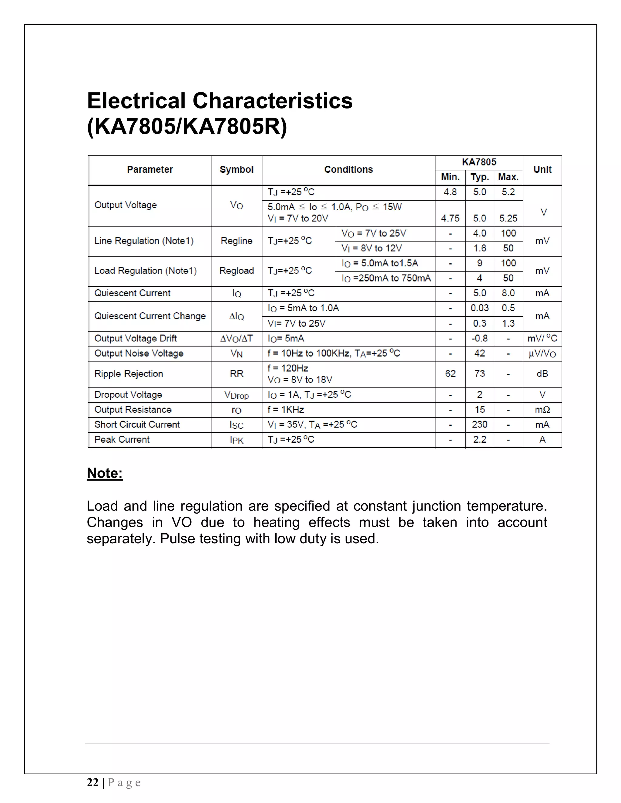 22 | P a g e
Electrical Characteristics
(KA7805/KA7805R)
Note:
Load and line regulation are specified at constant junction temperature.
Changes in VO due to heating effects must be taken into account
separately. Pulse testing with low duty is used.
 