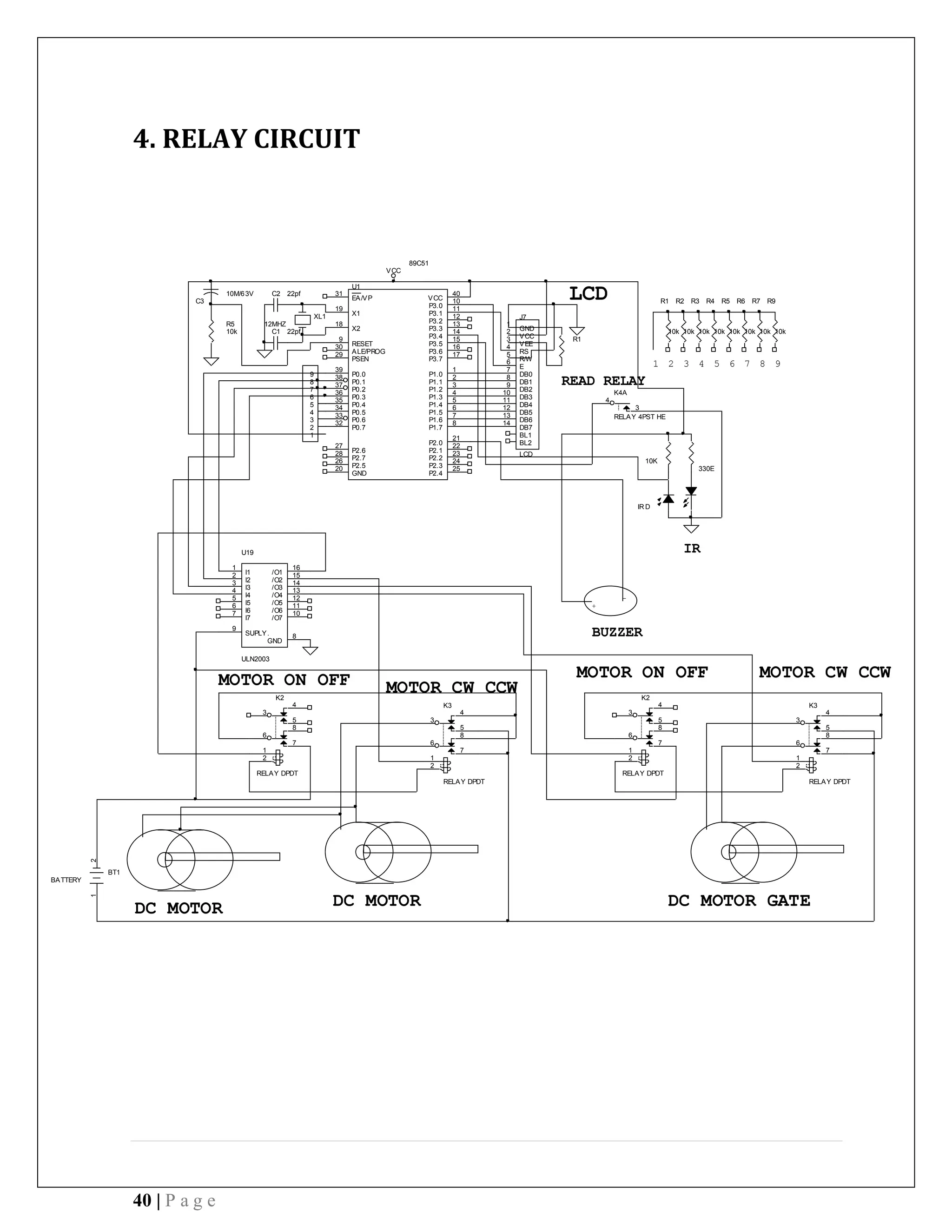 40 | P a g e
4. RELAY CIRCUIT
R9
10k
10K
R5
10k
C2 22pf
BT1
BATTERY
12
4
C1 22pf
R7
10k
MOTOR CW CCW
6
DC MOTOR
7
K4A
RELAY 4PST HE
3
4
9
R6
10k
+
330E
2
R1
R5
10k
MOTOR ON OFF
R4
10k
BUZZER
DC MOTOR GATE
R3
10k
1
2
3
4
5
6
7
8
9
R2
10k
MOTOR CW CCW
K3
RELAY DPDT
3
4
5
6
8
7
1
2
IR
-
K2
RELAY DPDT
3
4
5
6
8
7
1
2
K2
RELAY DPDT
3
4
5
6
8
7
1
2
READ RELAY
LCD
5
VCC
8
DC MOTOR
U1
89C51
31
19
18
9
37
38
39
29
21
22
23
24
25
26
27
28
1
2
3
4
5
6
7
8
10
11
12
13
14
15
16
17
32
30
33
34
35
36
40
20
EA/VP
X1
X2
RESET
P0.2
P0.1
P0.0
PSEN
P2.0
P2.1
P2.2
P2.3
P2.4
P2.5
P2.6
P2.7
P1.0
P1.1
P1.2
P1.3
P1.4
P1.5
P1.6
P1.7
P3.0
P3.1
P3.2
P3.3
P3.4
P3.5
P3.6
P3.7
P0.7
ALE/PROG
P0.6
P0.5
P0.4
P0.3
VCC
GND
IR D
C3
10M/63V
R1
10k
XL1
12MHZ
U19
ULN2003
1
2
3
4
5
6
7 10
11
12
13
14
15
16
8
9
I1
I2
I3
I4
I5
I6
I7 /O7
/O6
/O5
/O4
/O3
/O2
/O1
GND
SUPLY.
K3
RELAY DPDT
3
4
5
6
8
7
1
2
1
MOTOR ON OFF
J7
LCD
1
2
3
4
5
6
7
8
9
10
11
12
13
14
GND
VCC
VEE
RS
R/W
E
DB0
DB1
DB2
DB3
DB4
DB5
DB6
DB7
BL1
BL2
3
 