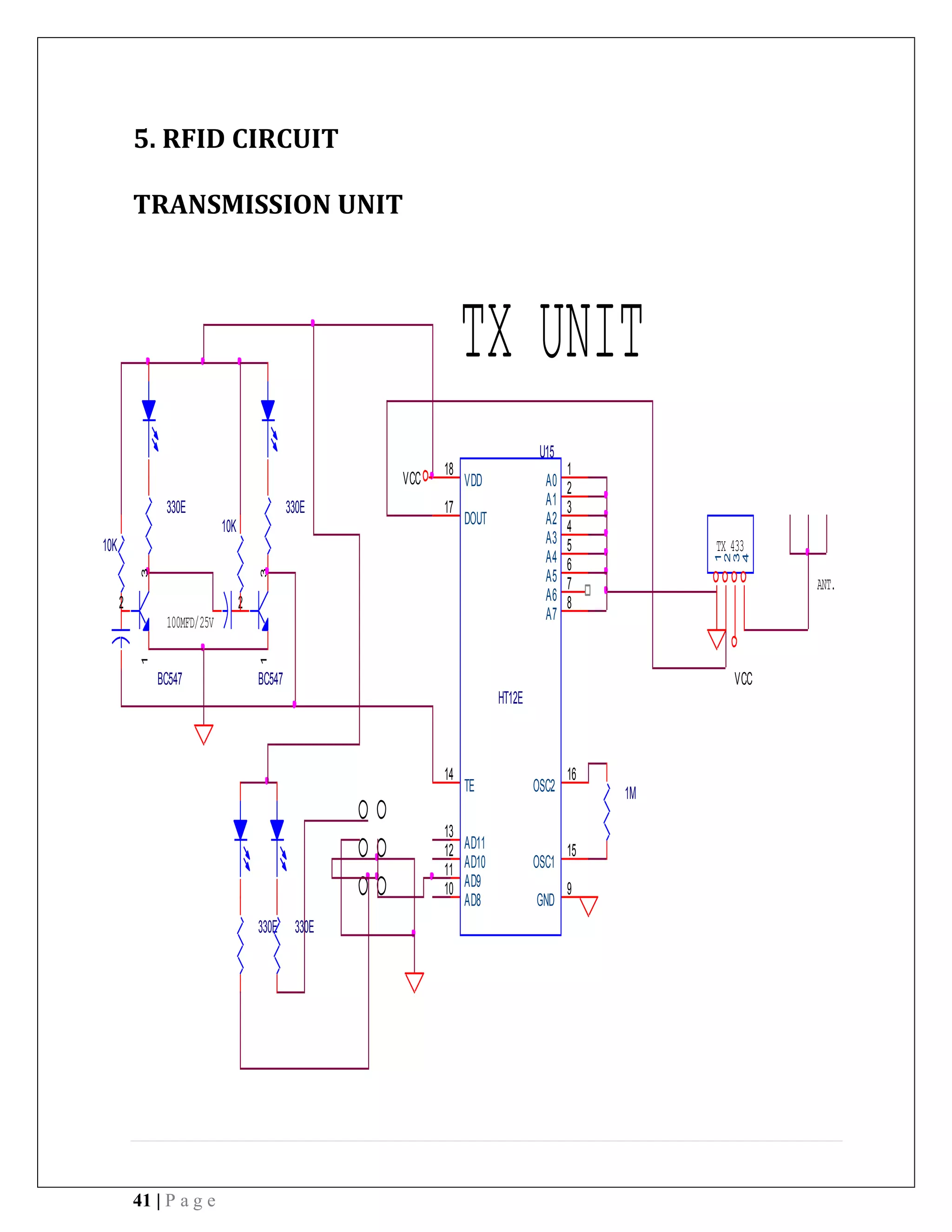 41 | P a g e
5. RFID CIRCUIT
TRANSMISSION UNIT
BC547
3
2
1
330E
330E
U15
HT12E
1
2
3
4
5
6
15
16
910
11
12
13
14
17
8
7
18
A0
A1
A2
A3
A4
A5
OSC1
OSC2
GNDAD8
AD9
AD10
AD11
TE
DOUT
A7
A6
VDD
TX UNIT
100MFD/25V
VCC
ANT.
330E
TX 433
1
2
3
4
1M
VCC
10K
10K
BC547
3
2
1
330E
 