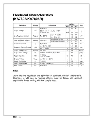 22 | P a g e
Electrical Characteristics
(KA7805/KA7805R)
Note:
Load and line regulation are specified at constant junction temperature.
Changes in VO due to heating effects must be taken into account
separately. Pulse testing with low duty is used.
 