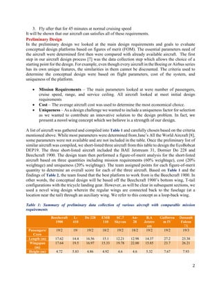 2
3. Fly after that for 45 minutes at normal cruising speed
It will be shown that our aircraft can satisfies all of these requirements.
Preliminary Design
In the preliminary design we looked at the main design requirements and goals to evaluate
conceptual design platforms based on figures of merit (FOM). The essential parameters need of
the aircraft were determined first then were compared with already available aircraft. The first
step in our aircraft design process [7] was the data collection step which allows the choice of a
starting point for the design. For example, even though every aircraft in the Boeing or Airbus series
has its own unique features, the similarities in them cannot be discounted. The criteria used to
determine the conceptual design were based on flight parameters, cost of the system, and
uniqueness of the platform.
• Mission Requirements – The main parameters looked at were number of passengers,
cruise speed, range, and service ceiling. All aircraft looked at meet initial design
requirements
• Cost – The average aircraft cost was used to determine the most economical choice.
• Uniqueness – As a design challenge we wanted to include a uniqueness factor for selection
as we wanted to contribute an innovative solution to the design problem. In fact, we
present a novel wing concept which we believe is a strength of our design.
A list of aircraft was gathered and compiled into Table 1 and carefully chosen based on the criteria
mentioned above. While most parameters were determined from Jane’s All the World Aircraft [8],
some parameters were not available and are not included in the table. Once the preliminary list of
similar aircraft was compiled, we short-listed three aircraft from this table to design the EcoBobcat
DEP19. The three short-listed aircraft included the BAE Jetstream 31, Dornier Do 228 and
Beechcraft 1900. The design team then performed a figure-of-merit analysis for the short-listed
aircraft based on three quantities including mission requirements (60% weightage), cost (20%
weightage) and uniqueness (20% weightage). The team assigned points for each figure-of-merit
quantity to determine an overall score for each of the three aircraft. Based on Table 1 and the
findings of Table 2, the team found that the best platform to work from is the Beechcraft 1900. In
other words, the conceptual design will be based off the Beechcraft 1900’s bottom wing, T-tail
configurations with the tricycle landing gear. However, as will be clear in subsequent sections, we
used a novel wing design wherein the regular wings are connected back to the fuselage (at a
location near the tail) through an auxiliary wing. We refer to this concept as a loop-back wing.
Table 1: Summary of preliminary data collection of various aircraft with comparable mission
requirements
Beechcraft
1900
L-
410
Do 228 EMB
110
SC.7
Skyvan
An-
28
B.A
Jetstre
am
Gulfstrea
m IV
Dassault
Falcon
7X
Passengers/
Crew
19/2 19/ 19/2 18/2 19/2 18/2 19/2 19/2 19/3
Length (m) 17.62 14.4 16.56 15.1 12.21 12.98 14.37 27.2 23.38
Wingspan
(m)
17.64 19.5 16.97 15.33 19.78 22.00 15.85 23.7 26.21
Height (m) 4.72 5.83 4.86 4.92 4.6 4.6 5.32 7.67 7.93
 