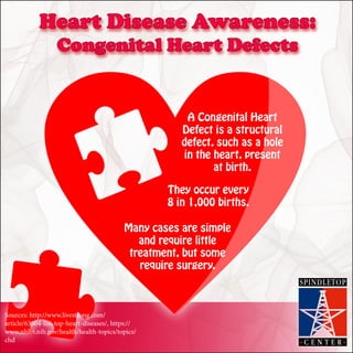 Heart Disease Awareness:
Congenital Heart Defects
Many cases are simple
and require little
treatment, but some
require surgery.
A Congenital Heart
Defect is a structural
defect, such as a hole
in the heart, present
at birth.
They occur every
8 in 1,000 births.
Sources: http://www.livestrong.com/
article/63004-list-top-heart-diseases/, https://
www.nhlbi.nih.gov/health/health-topics/topics/
chd
 