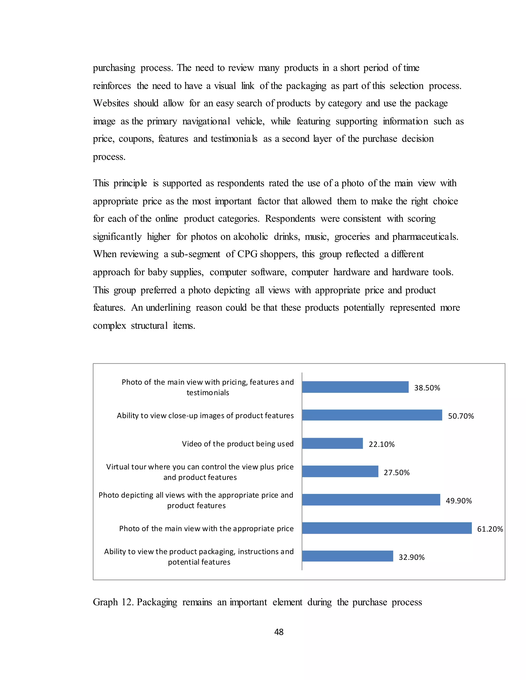 48
purchasing process. The need to review many products in a short period of time
reinforces the need to have a visual link of the packaging as part of this selection process.
Websites should allow for an easy search of products by category and use the package
image as the primary navigational vehicle, while featuring supporting information such as
price, coupons, features and testimonials as a second layer of the purchase decision
process.
This principle is supported as respondents rated the use of a photo of the main view with
appropriate price as the most important factor that allowed them to make the right choice
for each of the online product categories. Respondents were consistent with scoring
significantly higher for photos on alcoholic drinks, music, groceries and pharmaceuticals.
When reviewing a sub-segment of CPG shoppers, this group reflected a different
approach for baby supplies, computer software, computer hardware and hardware tools.
This group preferred a photo depicting all views with appropriate price and product
features. An underlining reason could be that these products potentially represented more
complex structural items.
Graph 12. Packaging remains an important element during the purchase process
32.90%
61.20%
49.90%
27.50%
22.10%
50.70%
38.50%
Ability to view the product packaging, instructions and
potential features
Photo of the main view with the appropriate price
Photo depicting all views with the appropriate price and
product features
Virtual tour where you can control the view plus price
and product features
Video of the product being used
Ability to view close-up images of product features
Photo of the main view with pricing, features and
testimonials
 