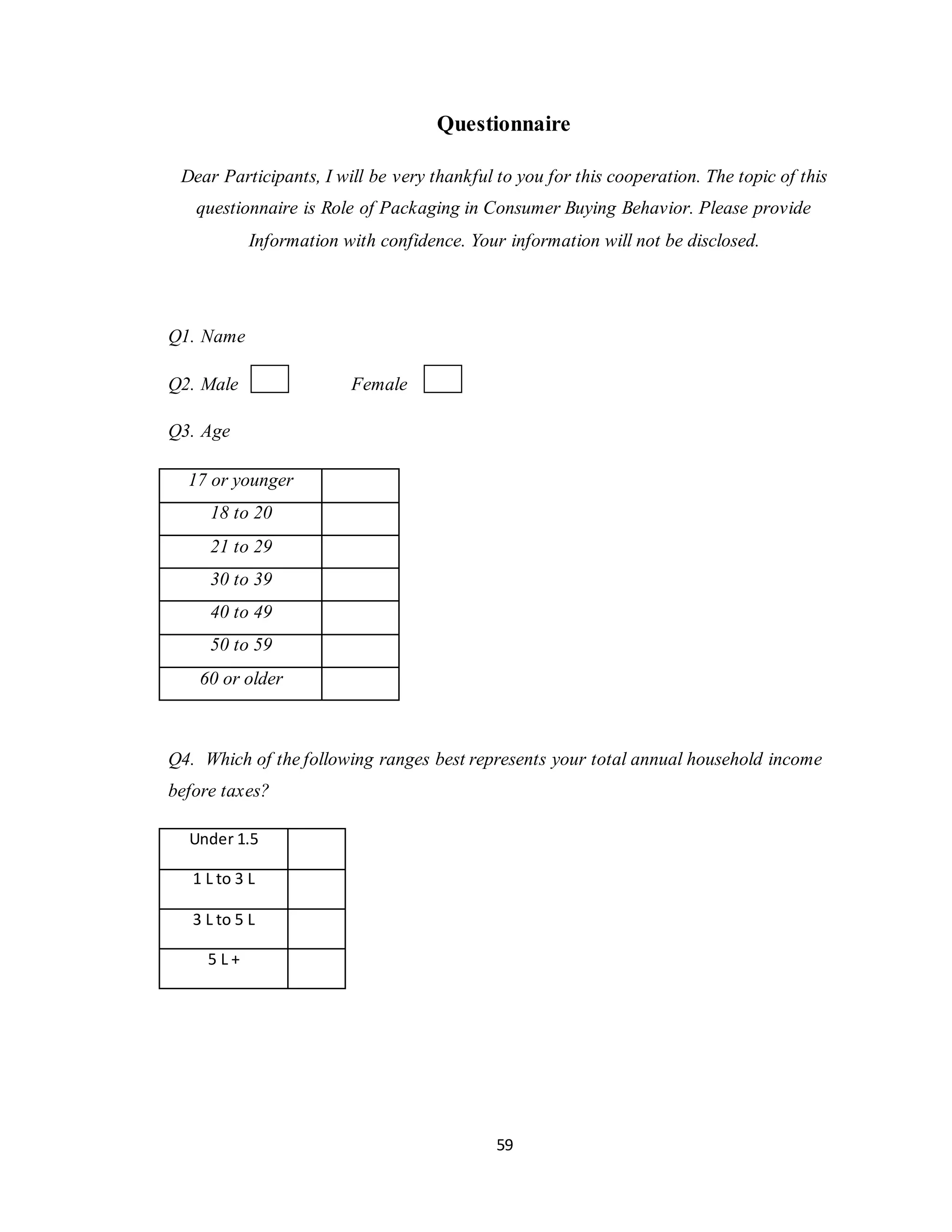 59
Questionnaire
Dear Participants, I will be very thankful to you for this cooperation. The topic of this
questionnaire is Role of Packaging in Consumer Buying Behavior. Please provide
Information with confidence. Your information will not be disclosed.
Q1. Name
Q2. Male Female
Q3. Age
17 or younger
18 to 20
21 to 29
30 to 39
40 to 49
50 to 59
60 or older
Q4. Which of the following ranges best represents your total annual household income
before taxes?
Under 1.5
1 L to 3 L
3 L to 5 L
5 L +
 