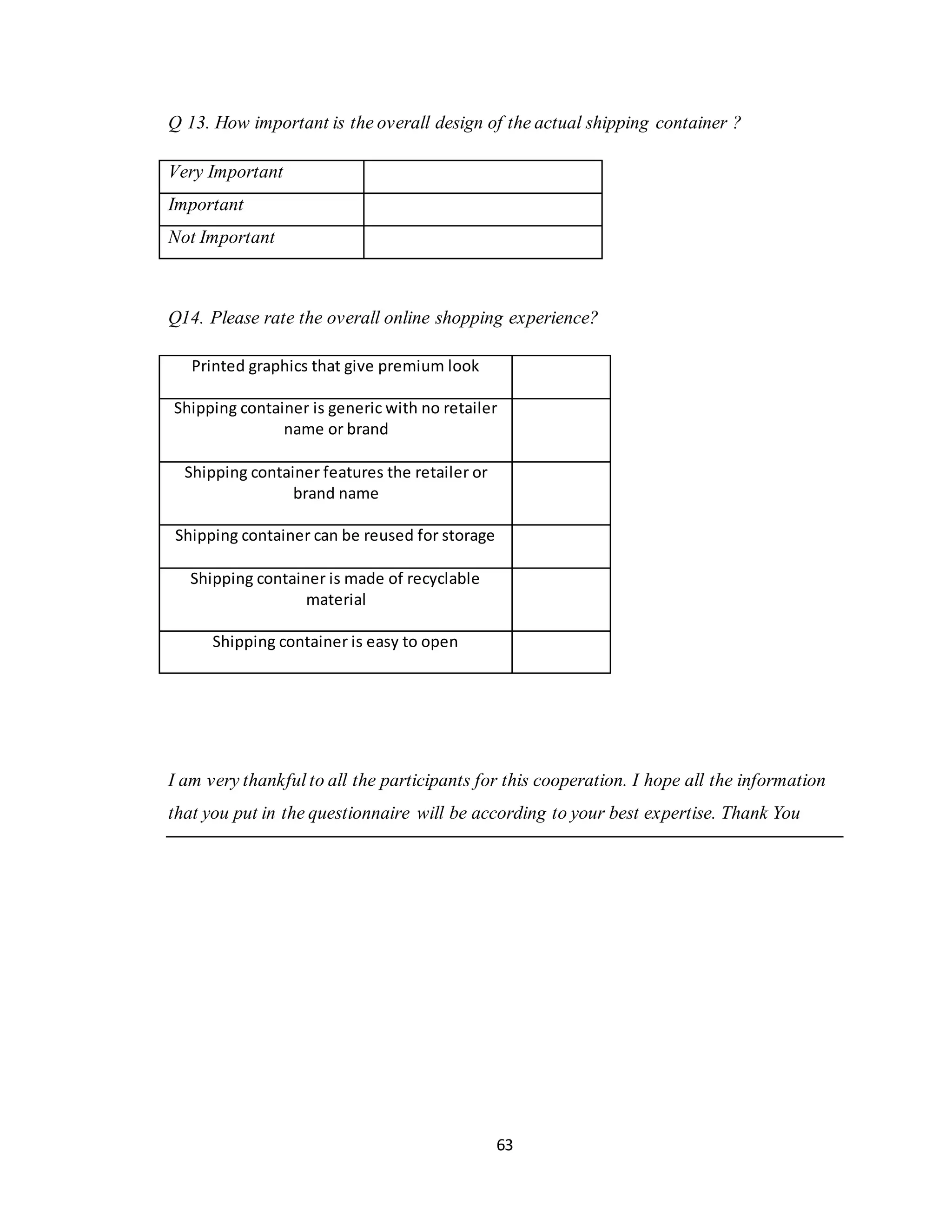 63
Q 13. How important is the overall design of the actual shipping container ?
Very Important
Important
Not Important
Q14. Please rate the overall online shopping experience?
Printed graphics that give premium look
Shipping container is generic with no retailer
name or brand
Shipping container features the retailer or
brand name
Shipping container can be reused for storage
Shipping container is made of recyclable
material
Shipping container is easy to open
I am very thankful to all the participants for this cooperation. I hope all the information
that you put in the questionnaire will be according to your best expertise. Thank You
 