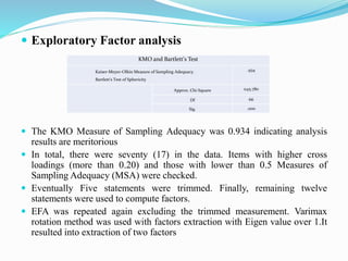  Exploratory Factor analysis
 The KMO Measure of Sampling Adequacy was 0.934 indicating analysis
results are meritorious
 In total, there were seventy (17) in the data. Items with higher cross
loadings (more than 0.20) and those with lower than 0.5 Measures of
Sampling Adequacy (MSA) were checked.
 Eventually Five statements were trimmed. Finally, remaining twelve
statements were used to compute factors.
 EFA was repeated again excluding the trimmed measurement. Varimax
rotation method was used with factors extraction with Eigen value over 1.It
resulted into extraction of two factors
KMO and Bartlett's Test
Kaiser-Meyer-Olkin Measure of Sampling Adequacy.
Bartlett's Test of Sphericity
.934
Approx. Chi-Square 1145.780
Df 66
Sig. .000
 