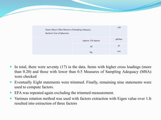  In total, there were seventy (17) in the data. Items with higher cross loadings (more
than 0.20) and those with lower than 0.5 Measures of Sampling Adequacy (MSA)
were checked
 Eventually Eight statements were trimmed. Finally, remaining nine statements were
used to compute factors.
 EFA was repeated again excluding the trimmed measurement.
 Varimax rotation method was used with factors extraction with Eigen value over 1.It
resulted into extraction of three factors
Kaiser-Meyer-Olkin Measure of Sampling Adequacy.
Bartlett's Test of Sphericity
.778
Approx. Chi-Square
398.890
Df 36
Sig. .000
 
