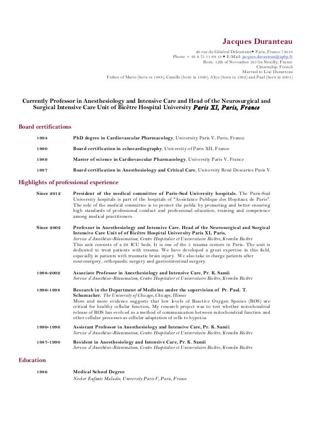 cv jacques duranteau resume qualification sample