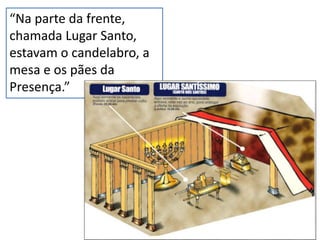 “Na parte da frente,
chamada Lugar Santo,
estavam o candelabro, a
mesa e os pães da
Presença.”
 
