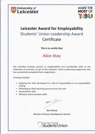 Leicester Award Certificate