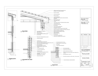 www.autodesk.com/revit
SCALE (@ A1)
CHECKED BY
TITLE
PROJECT NUMBER
CLIENT
PROJECT
DRAWING NUMBER REV
DRAWN BY DATE
STATUS PURPOSE OF ISSUE
CODE SUITABILITY DESCRIPTION
As indicated
12/01/201602:42:31
Section & Details
Project Number
Pharmacy Arc600
Southampton council
Checker
1
J.Dobson 11/01/16
Rev Description Date
1 : 10
Eaves Detail
2
Redland Grovebury Tile (5741) fixed with eaves clips
also 100mm x 3.75mm nails to eave battens.
50x 25mm S.W battens
38x19mm Counter battens
spirtech 250 underlay
12mm Rigid sarking board
Redland grovebury Reform eaves filler, nailed to eaves batten
and tilting filler
Redvent 25 Vent over Facia
25mm thick facia, fixed to rafter
18mm soffit board
75mm Cavity closer, Manthorpe G241
Sika Sikaflex AT Connection Universal Construction Sealant
125mm deepflo Guttering
Air space
JJI 450 D rafter, 300mm thick. With flange fully resting on wall plate
Timber Wall plate for rafter
Marley eternit Cladding counter batten to be chamfered for water runoff
Marley eternit Cladding vertical batten 30mm
Marley eternit cedral lap weatherboard cladding
Water proof Membrane
Aluminium fixture, joint to soffit
75mm Cavity closer, Manthorpe G241
9mm operal board
Birtley CB70 Cavity Lintel
Ecophon suspended ceiling 600x600 sqaure tiles
1 : 20
Detailed section
1
celotex FR5000 150mm insulation U-
value 0.11w/m2k
Total u-value of Render
exterior walls
= 3.828-3.773 W/ M²k
40mm sound insulation
1 : 10
intermediate floor detail
3
1 : 10
Ground level
4
Rational patus+ double glazed Window U-value 2.9
Guttercress lead flashing
Perforated closure
Render aluminium Starter profile
15mm PermaRend Render
Manthorpe G950 Weep Vent Weep hole
celotex cg5000 50mm u-value 0.26
100mm Dense concrete block 1.22W/m.K internal, 1.31W/m.K external
Marley eternit Cladding vertical batten 30mm
Marley eternit Cladding counter batten to be chamfered for water runoff
Marley eternit cedral lap weatherboard cladding
Water proof Membrane
Heavy Masonry Hanger HJHM300/100
Joist hanger
Gyprock Soundblock F plasterboard
Veneer Chamfered Skirting Board
Celotex FR5000 75mm U-value 0.25 W/m²k
Cladding starter profile
JJI 195 A+300 Joist 300mm hight
12.5mm Plywood Floor boards
Underlay
Celotex FR5000 80mm U-value 0.31 w/m2k
532 Chianti Wood Effect Vinyl Flooring
Concrete raft foundation to engineers specification
75mm Screed
532 Chianti Wood Effect Vinyl Flooring
4
3
2
100mm marmox thermo block providing y values of between 0.03 to
0.07W/mK.
plywood boarding
Rational patus+ double glazed Window U-value 2.9
100mm Evalast dense structural block 1.22W/m.K
Total u-value of Cladding
exterior walls
= 3.616-3.596 W/ M²k
Birtley CB70 Cavity Lintel
 
