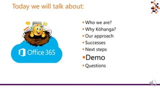 Today we will talk about:
 Who we are?
 Why Kōhanga?
 Our approach
 Successes
 Next steps
Demo
 Questions
 
