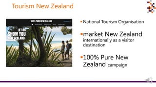 Tourism New Zealand
 National Tourism Organisation
market New Zealand
internationally as a visitor
destination
100% Pure New
Zealand campaign
 
