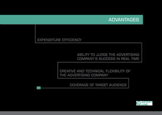 EXPENDITURE EFFICIENCY
ABILITY TO JUDGE THE ADVERTISING
COMPANY’S SUCCESS IN REAL TIME
CREATIVE AND TECHNICAL FLEXIBILITY OF
THE ADVERTISING COMPANY
COVERAGE OF TARGET AUDIENCE
ADVANTAGES
 