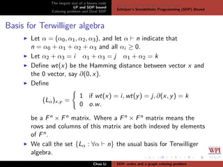 The largest size of a binary code
LP and SDP bound
Coloring problem and Dual SDP
Delsarte’s Linear Programming bound
Schrijver’s Semideﬁnite Programming (SDP) Bound
Basis for Terwilliger algebra
Let α = (α0, α1, α2, α3), and let α n indicate that
n = α0 + α1 + α2 + α3 and all αi ≥ 0.
Let α2 + α3 = i α1 + α3 = j α1 + α2 = k
Deﬁne wt(x) be the Hamming distance between vector x and
the 0 vector, say ∂(0, x).
Deﬁne
(Lα)x,y =
1 if wt(x) = i, wt(y) = j, ∂(x, y) = k
0 o.w.
be a Fn × Fn matrix. Where a Fn × Fn matrix means the
rows and columns of this matrix are both indexed by elements
of Fn.
We call the set {Lα : ∀α n} the usual basis for Terwilliger
algebra.
Chao Li SDP, codes and a graph coloring problem
 