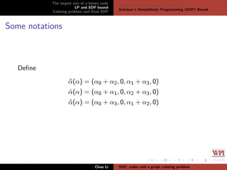 The largest size of a binary code
LP and SDP bound
Coloring problem and Dual SDP
Delsarte’s Linear Programming bound
Schrijver’s Semideﬁnite Programming (SDP) Bound
Some notations
Deﬁne
ˇα(α) = (α0 + α2, 0, α1 + α3, 0)
´α(α) = (α0 + α1, 0, α2 + α3, 0)
ˆα(α) = (α0 + α3, 0, α1 + α2, 0)
Chao Li SDP, codes and a graph coloring problem
 