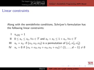 The largest size of a binary code
LP and SDP bound
Coloring problem and Dual SDP
Delsarte’s Linear Programming bound
Schrijver’s Semideﬁnite Programming (SDP) Bound
Linear constraints
Along with the semideﬁnite conditions, Schrijver’s formulation has
the following linear constraints:
I xα(0) = 1
II 0 ≤ xα ≤ x´α, ∀α ∈ T and x´α + xˇα ≤ 1 + xα, ∀α ∈ T
III xα = xα if (α1, α2, α3) is a permutation of (α1, α2, α3)
IV xα = 0 if {α1 + α2, α2 + α3, α1 + α3} ∩ {1, . . . , d − 1} = ∅
Chao Li SDP, codes and a graph coloring problem
 