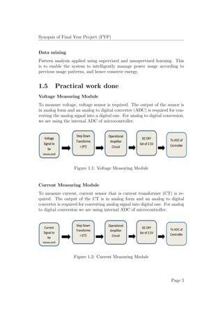 Synopsis of Final Year Project (FYP)
Data mining
Pattern analysis applied using supervised and unsupervised learning. This
is to enable the system to intelligently manage power usage according to
previous usage patterns, and hence conserve energy.
1.5 Practical work done
Voltage Measuring Module
To measure voltage, voltage sensor is required. The output of the sensor is
in analog form and an analog to digital converter (ADC) is required for con-
verting the analog signal into a digital one. For analog to digital conversion,
we are using the internal ADC of microcontroller.
Figure 1.1: Voltage Measuring Module
Current Measuring Module
To measure current, current sensor that is current transformer (CT) is re-
quired. The output of the CT is in analog form and an analog to digital
converter is required for converting analog signal into digital one. For analog
to digital conversion we are using internal ADC of microcontroller.
Figure 1.2: Current Measuring Module
Page 5
 