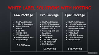 WHITE LABEL SOLUTIONS WITH HOSTING
AAA Package
● No IP Justification
● 1,024 IP Addresses
● Up to 4 Unique C
Classes
● 8 GB RAM
● 120 GB HDD
● 3TB Bandwidth
● Choose ARIN or RIPE
● Daily Backups
$1,500/mo
Pro Package
● No IP Justification
● 8,192 IP Addresses
● Eight /22s each from
unique Class B
● Choose up to 8 Geo
Locations
● Half Cabinet
● 32 GB RAM
● 2 TB SAN Storage
● 6 TB Bandwidth
● Daily Backups
$9,999/mo
Epic Package
● No IP Justification
● 16,384 IP Addresses
● 64 Class Cs from 10
unique net blocks
● Full Cabinet
● 72 Gb RAM
● 4 TB SAN Storage
● 20 TB Bandwidth
● Daily Backups
$15,999/mo
 
