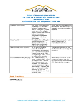 School of Communication & Media
PR 3380: PR Strategies and Tactics (Hybrid)
Fall Semester 2016
Communications Plan Assignment: Kevin Hall
Communications Plan Assignment ▪ Page 7 ▪ Kevin Hall ▪ Fall Semester 2016
Employee portal update Due to the employee portal
not being used efficiently
updating the portal and
making it relevant is a great
opportunity. This will give
leaders a medium to connect
with employees and
employees connect with
leaders and with other
employees.
Media relations team will update
the website. They may bring in a
separate team that specializes in
this field.
Media Tool Kit A media tool kit will help the
media relation team
distribute information to
leaders and other outlets
effectively and efficiently.
The media relations will create a
team that will collect all
information for a tool kit.
Develop social media accounts By having social media
accounts it will allow
employees to receive quick
and easy information about
the company, rather than
having to log in to the portal
or find it on the website.
The media relations team will
create accounts and manage the
accounts.
Create a CEO about my life page This will help employees
know what the CEO is doing.
He will post once a month
sharing his personal and
work life. This will give the
employees a way to engage
with the CEO. The page will
also have his social media
accounts so they may
interact with him on a more
personal level.
The media relations will create
the page. They will help him
manage the page in order for the
CEO to always stay engaged.
Best Practices
SWOT Analysis
 