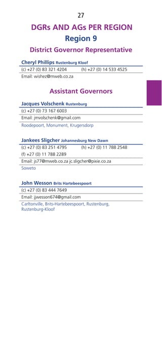 27
Region 9
District Governor Representative
Cheryl Phillips Rustenburg Kloof
(c) +27 (0) 83 321 4204 (h) +27 (0) 14 533 4525
Email: wishez@mweb.co.za
Assistant Governors
Jacques Volschenk Rustenburg
(c) +27 (0) 73 167 6003
Email: jmvolschenk@gmail.com
Roodepoort, Monument, Krugersdorp
Jankees Sligcher Johannesburg New Dawn
(c) +27 (0) 83 251 4795 (h) +27 (0) 11 788 2548
(f) +27 (0) 11 788 2289
Email: js77@mweb.co.za jc.sligcher@pixie.co.za
Soweto
John Wesson Brits Hartebeespoort
(c) +27 (0) 83 444 7649
Email: jjwesson674@gmail.com
Carltonville, Brits-Hartebeespoort, Rustenburg,
Rustenburg-Kloof
 