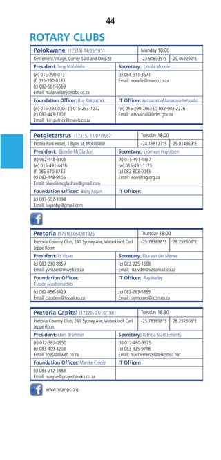 44
Polokwane (17313) 14/05/1951 Monday 18:00
Retirement Village, Corner Suid and Dorp St -23.918935°S 29.462292°E
President: Jerry Malahlela Secretary:  Ursula Moodie
(w) 015-290-0131
(f) 015-290-0183
(c) 082-561-6569
Email: malahlelamj@sabc.co.za
(c) 084-511-3571
Email: moodie@mweb.co.za
Foundation Ofﬁcer: Roy Kirkpatrick IT Ofﬁcer: Antoaneta Atanasova-Letsoalo
(w) 015-293-0301 (f) 015-293-1272
(c) 082-443-7807
Email: rkirkpatrick@mweb.co.za
(w) 015-290-7063 (c) 082-903-2276
Email: letsoaloal@ledet.gov.za
Potgietersrus (17315) 11/07/1962 Tuesday 18:00
Protea Park Hotel, 1 Bytel St, Mokopane -24.168127°S 29.014969°E
President:  Blondie McGlashan Secretary:  Leon van Huyssteen
(h) 082-448-9105
(w) 015-491-4416
(f) 086-670-8733
(c) 082-448-9105
Email: blondiemcglashan@gmail.com
(h) 015-491-1187
(w) 015-491-1175
(c) 082-803-0043
Email: leon@rag.org.za
Foundation Ofﬁcer:  Barry Fagan IT Ofﬁcer:  
(c) 083-502-3094
Email: faganbp@gmail.com
Pretoria (17316) 06/08/1925 Thursday 18:00
Pretoria Country Club, 241 Sydney Ave,Waterkloof, Carl
Jeppe Room
-25.783898°S 28.252608°E
President: Ys Visser Secretary: Rita van der Merwe
(c) 083-230-8859
Email: ysvisser@mweb.co.za
(c) 082-925-1668
Email: rita.vdm@vodamail.co.za
Foundation Ofﬁcer:
Claude Mastromatteo
IT Ofﬁcer:  Ray Harley
(c) 082-456-5429
Email: claudem@tiscali.co.za
(c) 083-263-5865
Email: raymotors@icon.co.za
Pretoria Capital (17320) 07/10/1981 Tuesday 18:30
Pretoria Country Club, 241 Sydney Ave,Waterkloof, Carl
Jeppe Room
-25.783898°S 28.252608°E
President: Eben Brümmer Secretary: Patricia MacClements
(h) 012-362-0950
(c) 083-409-4203
Email: ebes@mweb.co.za
(h) 012-460-9525
(c) 083-325-9718
Email: macclements@telkomsa.net
Foundation Ofﬁcer: Maryke Cronje IT Ofﬁcer:
(c) 083-212-2883
Email: maryke@projectworks.co.za
www.rotarypc.org
 