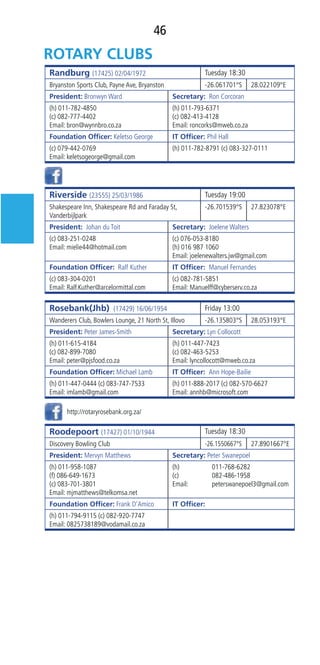 46
Randburg (17425) 02/04/1972 Tuesday 18:30
Bryanston Sports Club, Payne Ave, Bryanston -26.061701°S 28.022109°E
President: Bronwyn Ward Secretary:  Ron Corcoran
(h) 011-782-4850
(c) 082-777-4402
Email: bron@wynnbro.co.za
(h) 011-793-6371
(c) 082-413-4128
Email: roncorks@mweb.co.za
Foundation Ofﬁcer: Keletso George IT Ofﬁcer: Phil Hall
(c) 079-442-0769
Email: keletsogeorge@gmail.com
(h) 011-782-8791 (c) 083-327-0111
Riverside (23555) 25/03/1986 Tuesday 19:00
Shakespeare Inn, Shakespeare Rd and Faraday St,
Vanderbijlpark
-26.701539°S 27.823078°E
President:  Johan du Toit Secretary:  Joelene Walters    
(c) 083-251-0248
Email: mielie44@hotmail.com
(c) 076-053-8180
(h) 016 987 1060
Email: joelenewalters.jw@gmail.com
Foundation Ofﬁcer:  Ralf Kuther           IT Ofﬁcer:  Manuel Fernandes   
(c) 083-304-0201
Email: Ralf.Kuther@arcelormittal.com
(c) 082-781-5851
Email: Manuelff@cyberserv.co.za
Rosebank(Jhb) (17429) 16/06/1954 Friday 13:00
Wanderers Club, Bowlers Lounge, 21 North St, Illovo -26.135803°S 28.053193°E
President: Peter James-Smith Secretary: Lyn Collocott
(h) 011-615-4184
(c) 082-899-7080
Email: peter@pjsfood.co.za
(h) 011-447-7423
(c) 082-463-5253
Email: lyncollocott@mweb.co.za
Foundation Ofﬁcer: Michael Lamb IT Ofﬁcer:  Ann Hope-Bailie
(h) 011-447-0444 (c) 083-747-7533
Email: imlamb@gmail.com
(h) 011-888-2017 (c) 082-570-6627
Email: annhb@microsoft.com
Roodepoort (17427) 01/10/1944 Tuesday 18:30
Discovery Bowling Club -26.1550667°S 27.8901667°E
President: Mervyn Matthews Secretary: Peter Swanepoel
(h) 011-958-1087
(f) 086-649-1673
(c) 083-701-3801
Email: mjmatthews@telkomsa.net
(h) 011-768-6282
(c) 082-486-1958
Email: peterswanepoel3@gmail.com
Foundation Ofﬁcer: Frank D’Amico IT Ofﬁcer:
(h) 011-794-9115 (c) 082-920-7747
Email: 0825738189@vodamail.co.za
http://rotaryrosebank.org.za/
 