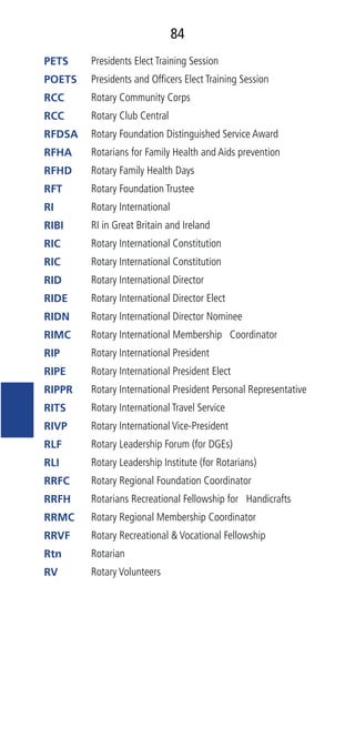 84
PETS Presidents Elect Training Session
POETS Presidents and Ofﬁcers Elect Training Session
RCC Rotary Community Corps
RCC Rotary Club Central
RFDSA Rotary Foundation Distinguished Service Award
RFHA Rotarians for Family Health and Aids prevention
RFHD Rotary Family Health Days
RFT Rotary Foundation Trustee
RI Rotary International
RIBI RI in Great Britain and Ireland
RIC Rotary International Constitution
RIC Rotary International Constitution
RID Rotary International Director
RIDE Rotary International Director Elect
RIDN Rotary International Director Nominee
RIMC Rotary International Membership Coordinator
RIP Rotary International President
RIPE Rotary International President Elect
RIPPR Rotary International President Personal Representative
RITS Rotary International Travel Service
RIVP Rotary International Vice-President
RLF Rotary Leadership Forum (for DGEs)
RLI Rotary Leadership Institute (for Rotarians)
RRFC Rotary Regional Foundation Coordinator
RRFH Rotarians Recreational Fellowship for Handicrafts
RRMC Rotary Regional Membership Coordinator
RRVF Rotary Recreational & Vocational Fellowship
Rtn Rotarian
RV Rotary Volunteers
 