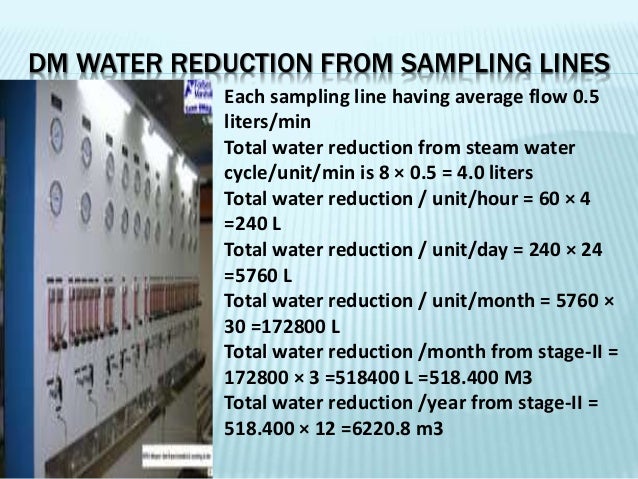 DM WATER REDUCTION FROM SAMPLING LINES
Each sampling line having average flow 0.5
liters/min
Total water reduction from st...