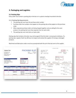  	
  
	
   	
  
8	
  
	
   	
  
3.	
  Packaging	
  and	
  Logistics	
  
	
  
3.1	
  Packing	
  Slips	
  	
  
Every	
  order	
  must	
  contain	
  a	
  packing	
  slip	
  in	
  the	
  box	
  or	
  in	
  a	
  plastic	
  envelope	
  mounted	
  to	
  the	
  box.	
  	
  
	
  
3.1.1	
  Packing	
  Slip	
  Requirements	
  
• The	
  packing	
  slip	
  must	
  have	
  the	
  purchase	
  order	
  number.	
  
• Purchase	
  order	
  line	
  numbers	
  must	
  appear	
  on	
  the	
  packing	
  slip	
  as	
  they	
  appear	
  on	
  the	
  purchase	
  
order.	
  	
  
• When	
  separate	
  purchase	
  orders	
  are	
  being	
  shipped	
  together	
  and	
  are	
  calling	
  for	
  the	
  same	
  
product,	
  the	
  packing	
  slip	
  must	
  show	
  separate	
  lines	
  for	
  each	
  order.	
  	
  
• The	
  packing	
  slip	
  must	
  note	
  items	
  on	
  back-­‐order.	
  	
  
	
  
Packing	
  slips	
  that	
  include	
  a	
  full	
  order	
  may	
  not	
  be	
  signed	
  if	
  the	
  full	
  order	
  is	
  not	
  present	
  at	
  delivery.	
  If	
  a	
  
packing	
  slip	
  is	
  signed,	
  Paslin	
  has	
  48	
  hours	
  to	
  inspect	
  and	
  contact	
  the	
  supplier	
  of	
  missing	
  or	
  damaged	
  
products.	
  
	
  
Machined	
  and	
  fabrication	
  orders	
  must	
  be	
  accompanied	
  with	
  the	
  print	
  that	
  was	
  sent	
  to	
  the	
  supplier.	
  
	
  
	
  
	
  
	
  
	
   	
   	
  
	
  
 