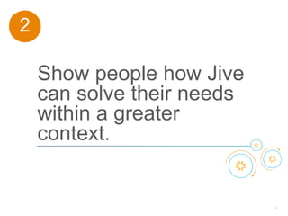 50
Show people how Jive
can solve their needs
within a greater
context.
2
 