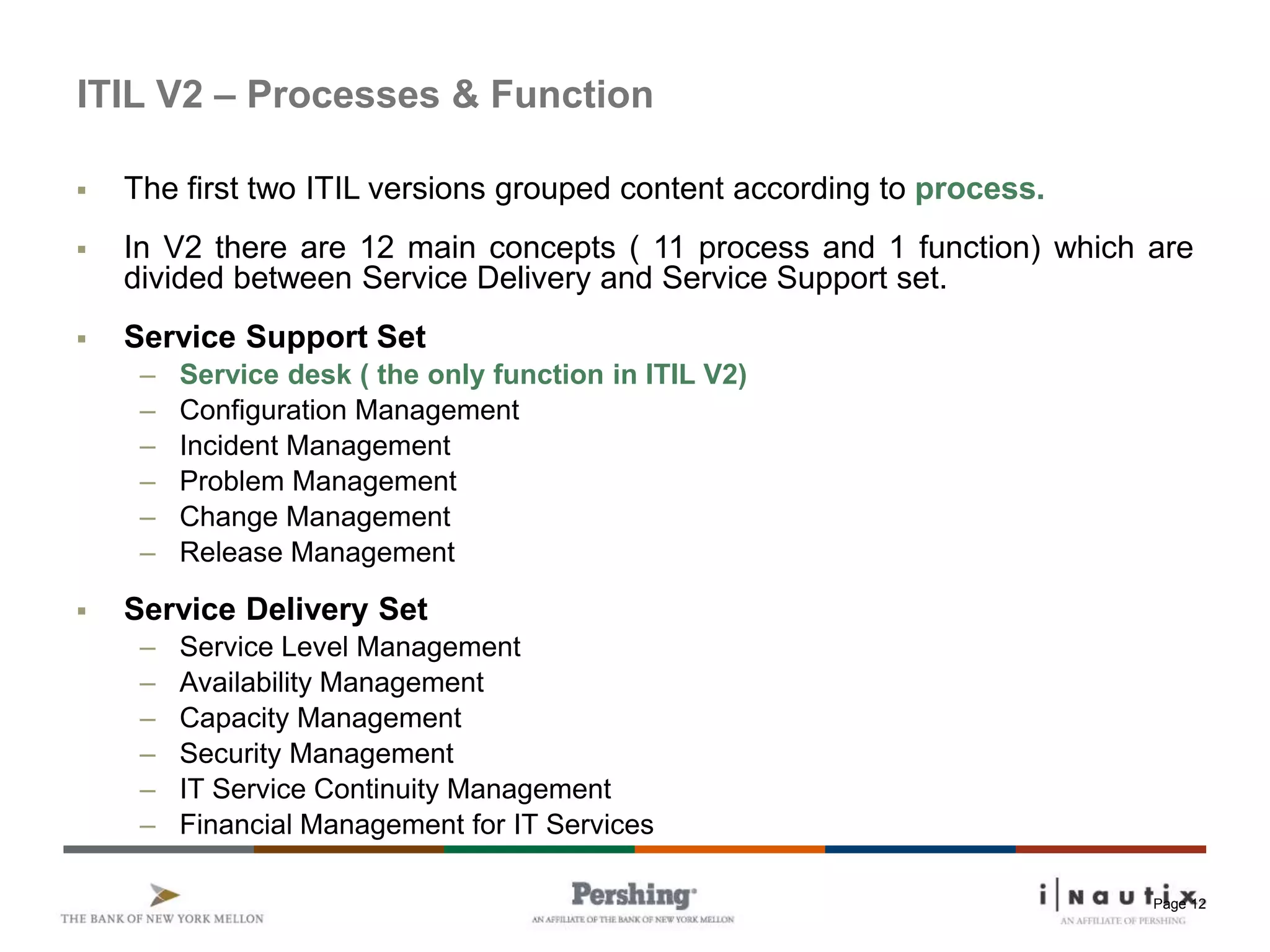 Page 12
ITIL V2 – Processes & Function
 The first two ITIL versions grouped content according to process.
 In V2 there are 12 main concepts ( 11 process and 1 function) which are
divided between Service Delivery and Service Support set.
 Service Support Set
– Service desk ( the only function in ITIL V2)
– Configuration Management
– Incident Management
– Problem Management
– Change Management
– Release Management
 Service Delivery Set
– Service Level Management
– Availability Management
– Capacity Management
– Security Management
– IT Service Continuity Management
– Financial Management for IT Services
 