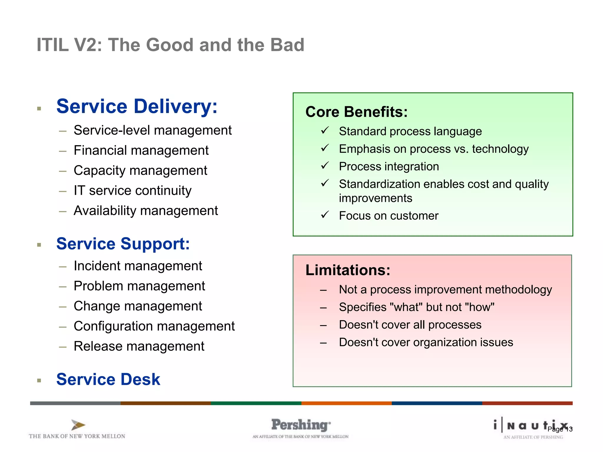 Page 13
ITIL V2: The Good and the Bad
 Service Delivery:
– Service-level management
– Financial management
– Capacity management
– IT service continuity
– Availability management
 Service Support:
– Incident management
– Problem management
– Change management
– Configuration management
– Release management
 Service Desk
Core Benefits:
 Standard process language
 Emphasis on process vs. technology
 Process integration
 Standardization enables cost and quality
improvements
 Focus on customer
Limitations:
– Not a process improvement methodology
– Specifies "what" but not "how"
– Doesn't cover all processes
– Doesn't cover organization issues
 