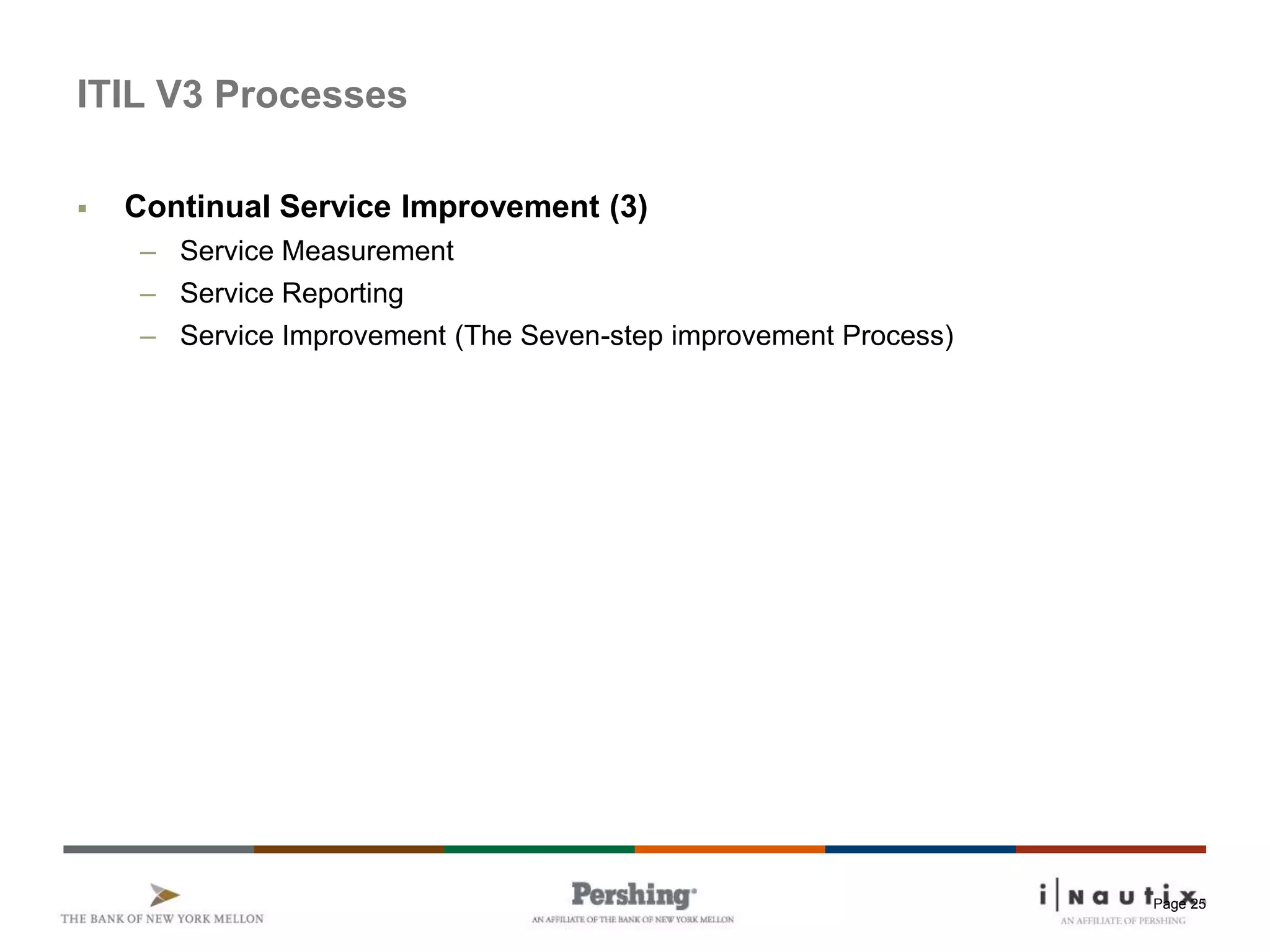 Page 25
ITIL V3 Processes
 Continual Service Improvement (3)
– Service Measurement
– Service Reporting
– Service Improvement (The Seven-step improvement Process)
 