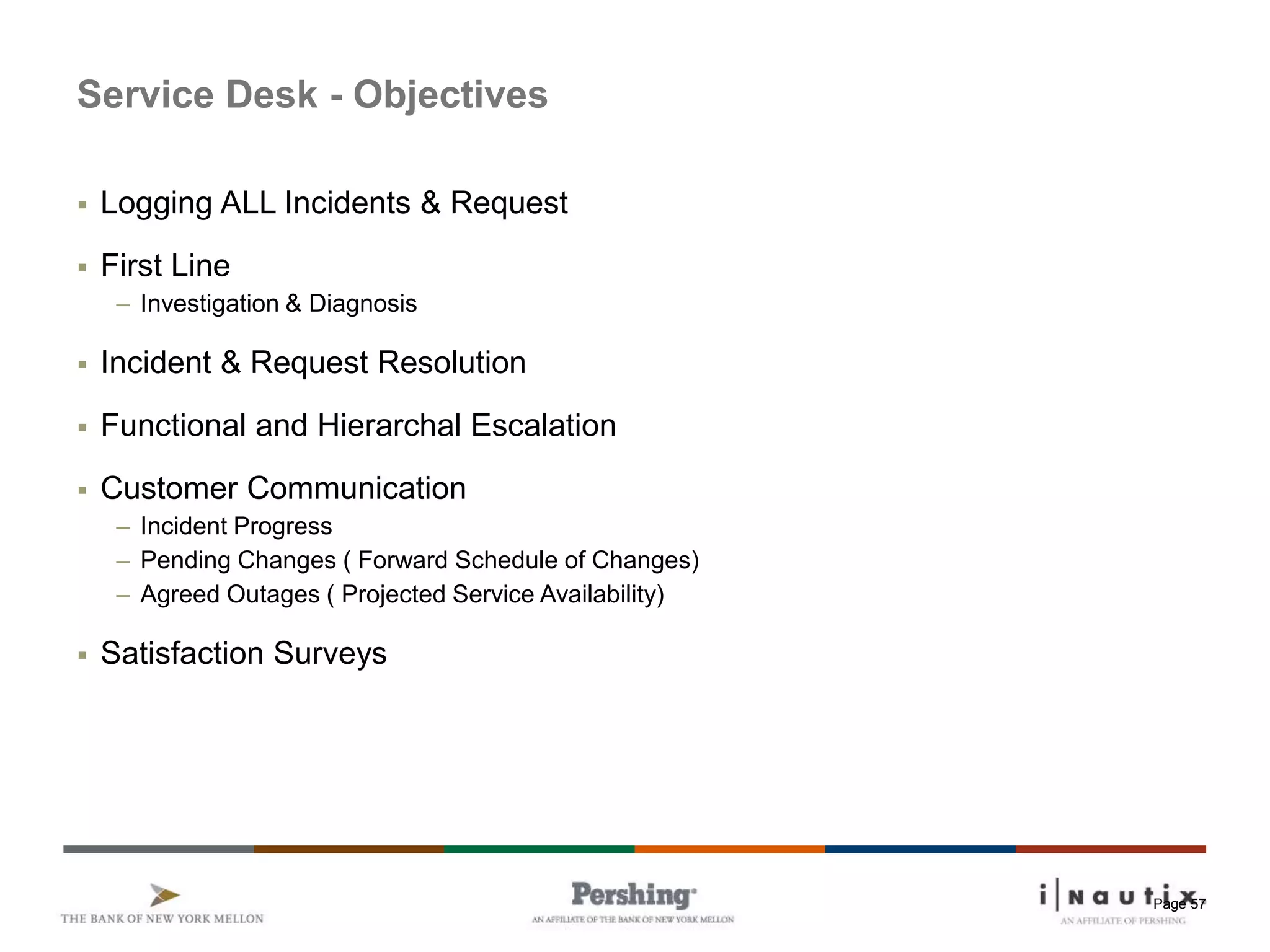 Page 57
Service Desk - Objectives
 Logging ALL Incidents & Request
 First Line
– Investigation & Diagnosis
 Incident & Request Resolution
 Functional and Hierarchal Escalation
 Customer Communication
– Incident Progress
– Pending Changes ( Forward Schedule of Changes)
– Agreed Outages ( Projected Service Availability)
 Satisfaction Surveys
 