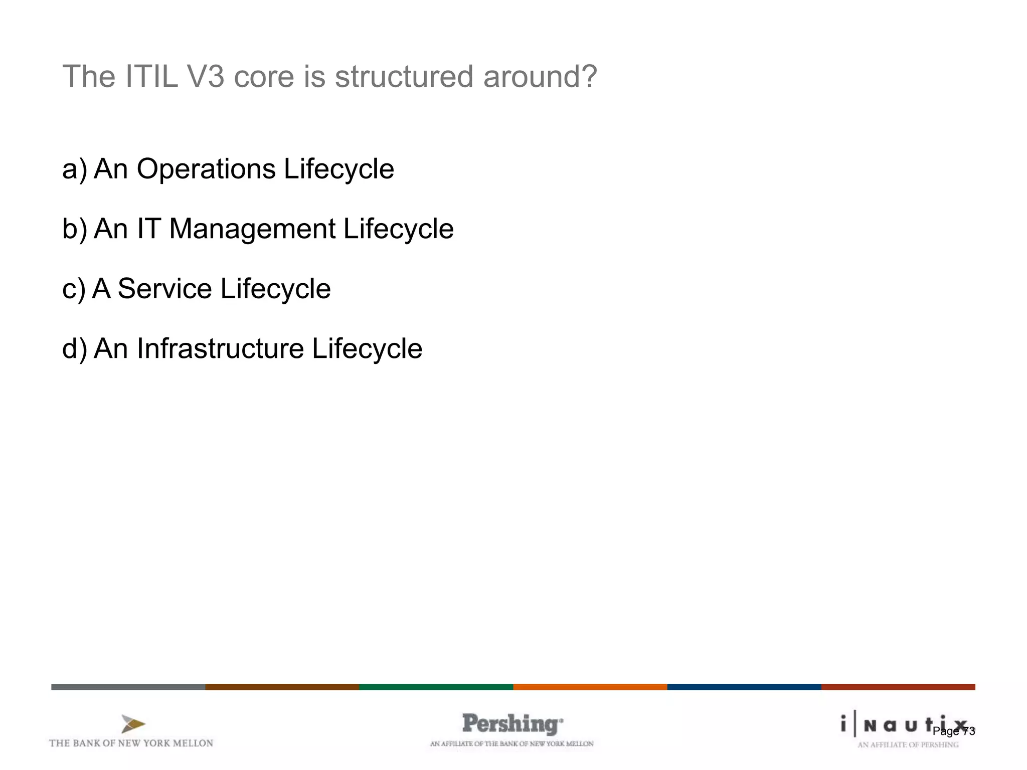 Page 73
The ITIL V3 core is structured around?
a) An Operations Lifecycle
b) An IT Management Lifecycle
c) A Service Lifecycle
d) An Infrastructure Lifecycle
 