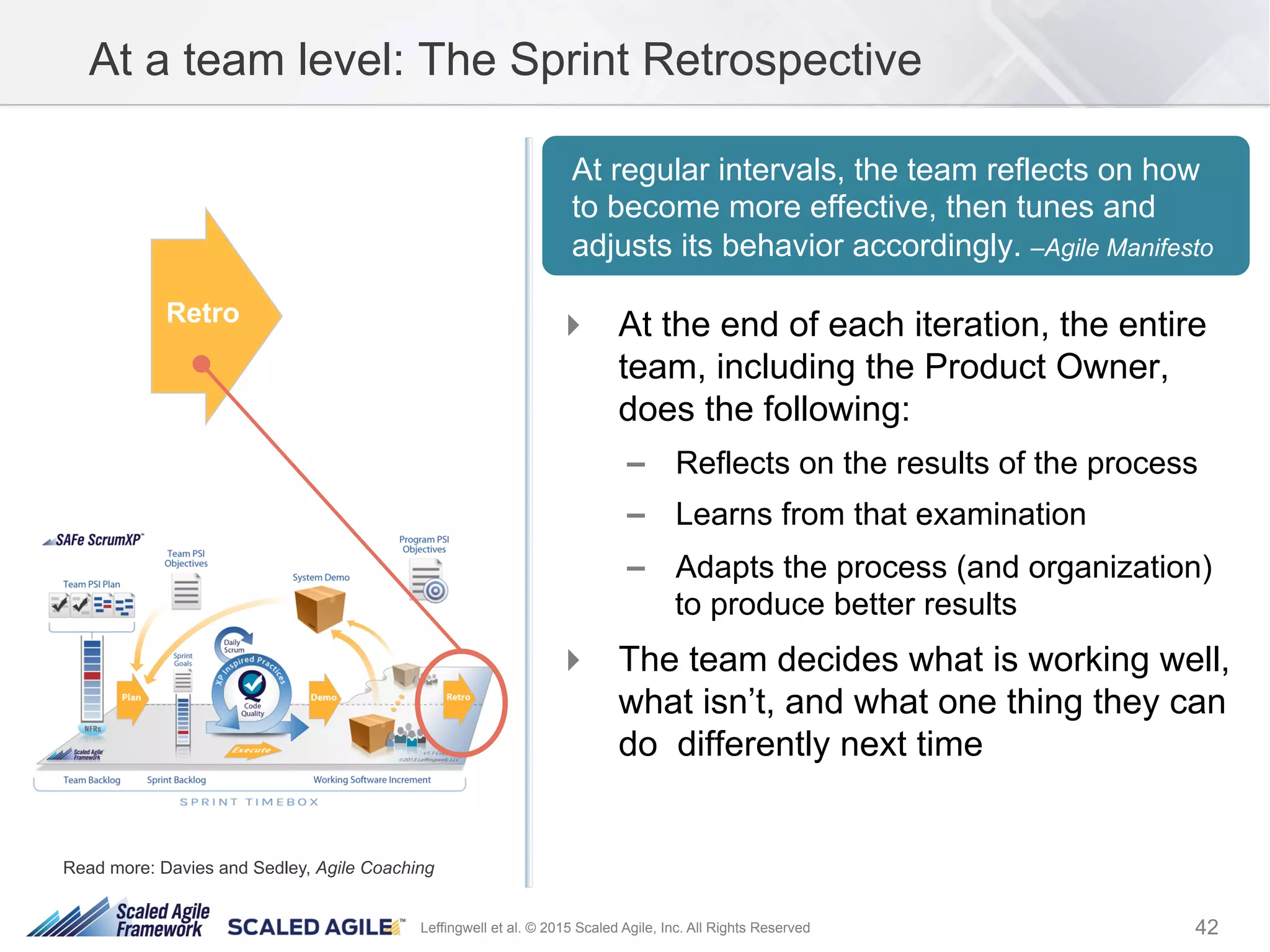 42Leffingwell et al. © 2015 Scaled Agile, Inc. All Rights Reserved
At a team level: The Sprint Retrospective
!  At the end of each iteration, the entire
team, including the Product Owner,
does the following:
–  Reflects on the results of the process
–  Learns from that examination
–  Adapts the process (and organization)
to produce better results
!  The team decides what is working well,
what isn’t, and what one thing they can
do differently next time
At regular intervals, the team reflects on how
to become more effective, then tunes and
adjusts its behavior accordingly. –Agile Manifesto
Read more: Davies and Sedley, Agile Coaching
Retro
 