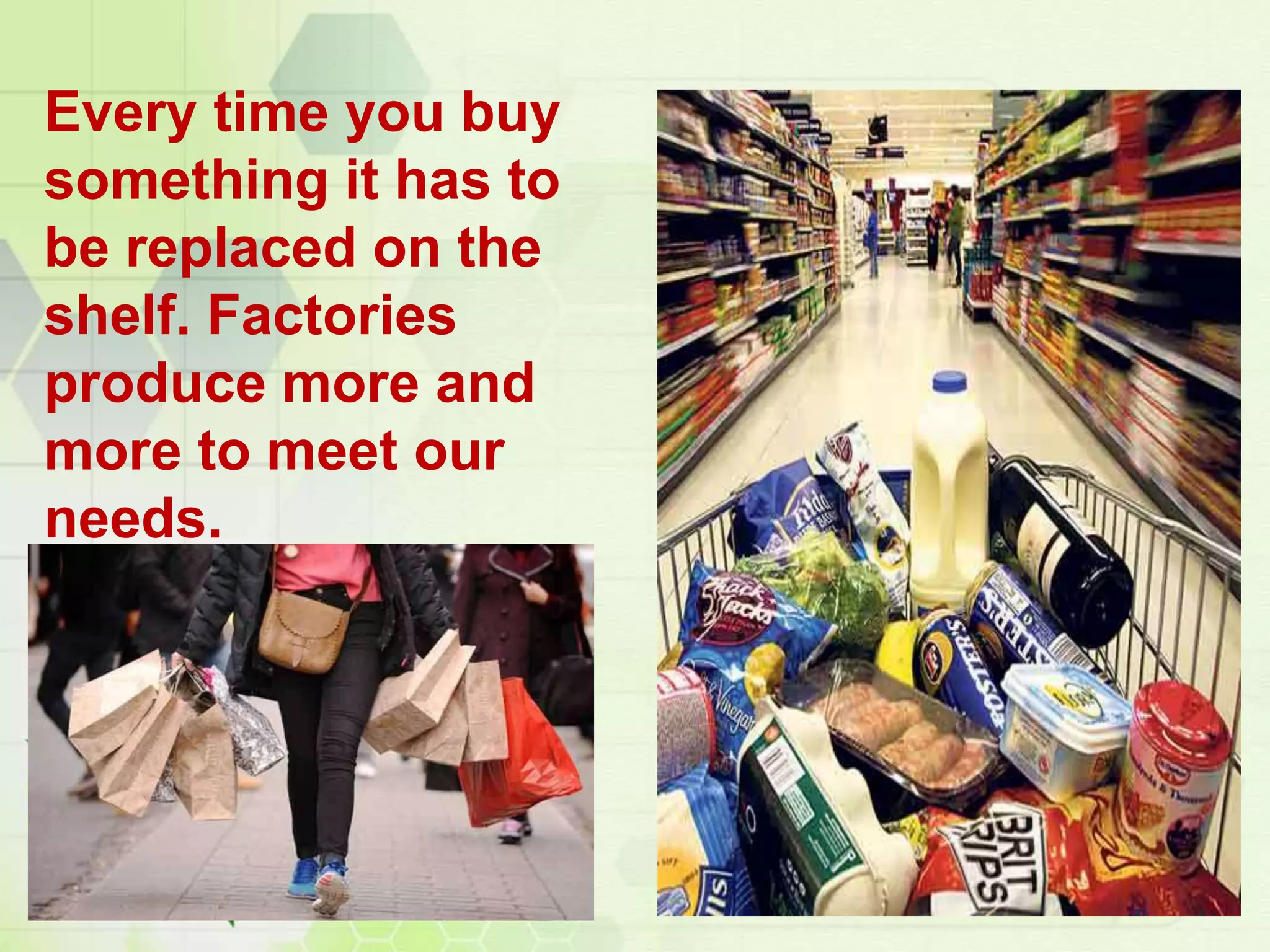 Every time you buy
something it has to
be replaced on the
shelf. Factories
produce more and
more to meet our
needs.
 