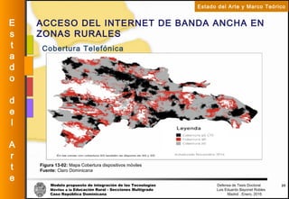 Modelo propuesto de integración de las Tecnologías Defensa de Tesis Doctoral
Móviles a la Educación Rural - Secciones Multigrado Luis Eduardo Bayonet Robless
Caso República Dominicana Madrid , Enero, 2016
E
s
t
a
d
o
d
e
l
A
r
t
e
Estado del Arte y Marco Teórico
ACCESO DEL INTERNET DE BANDA ANCHA EN
ZONAS RURALES
26
Cobertura Telefónica
Figura 13-02: Mapa Cobertura dispositivos móviles
Fuente: Claro Dominicana
 