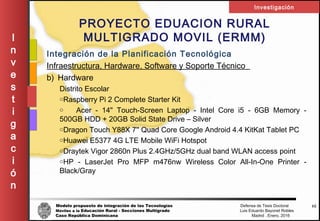 Modelo propuesto de integración de las Tecnologías Defensa de Tesis Doctoral
Móviles a la Educación Rural - Secciones Multigrado Luis Eduardo Bayonet Robless
Caso República Dominicana Madrid , Enero, 2016
I
n
v
e
s
t
i
g
a
c
i
ó
n
Investigación
42
PROYECTO EDUACION RURAL
MULTIGRADO MOVIL (ERMM)
Integración de la Planificación Tecnológica
Infraestructura, Hardware, Software y Soporte Técnico
b) Hardware
Distrito Escolar
oRaspberry Pi 2 Complete Starter Kit
o Acer - 14" Touch-Screen Laptop - Intel Core i5 - 6GB Memory -
500GB HDD + 20GB Solid State Drive – Silver
oDragon Touch Y88X 7'' Quad Core Google Android 4.4 KitKat Tablet PC
oHuawei E5377 4G LTE Mobile WiFi Hotspot
oDraytek Vigor 2860n Plus 2.4GHz/5GHz dual band WLAN access point
oHP - LaserJet Pro MFP m476nw Wireless Color All-In-One Printer -
Black/Gray
 