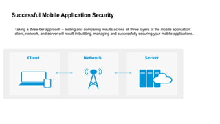 Taking a three-tier approach – testing and comparing results across all three layers of the mobile application:
client, network, and server will result in building, managing and successfully securing your mobile applications.
Successful Mobile Application Security
 